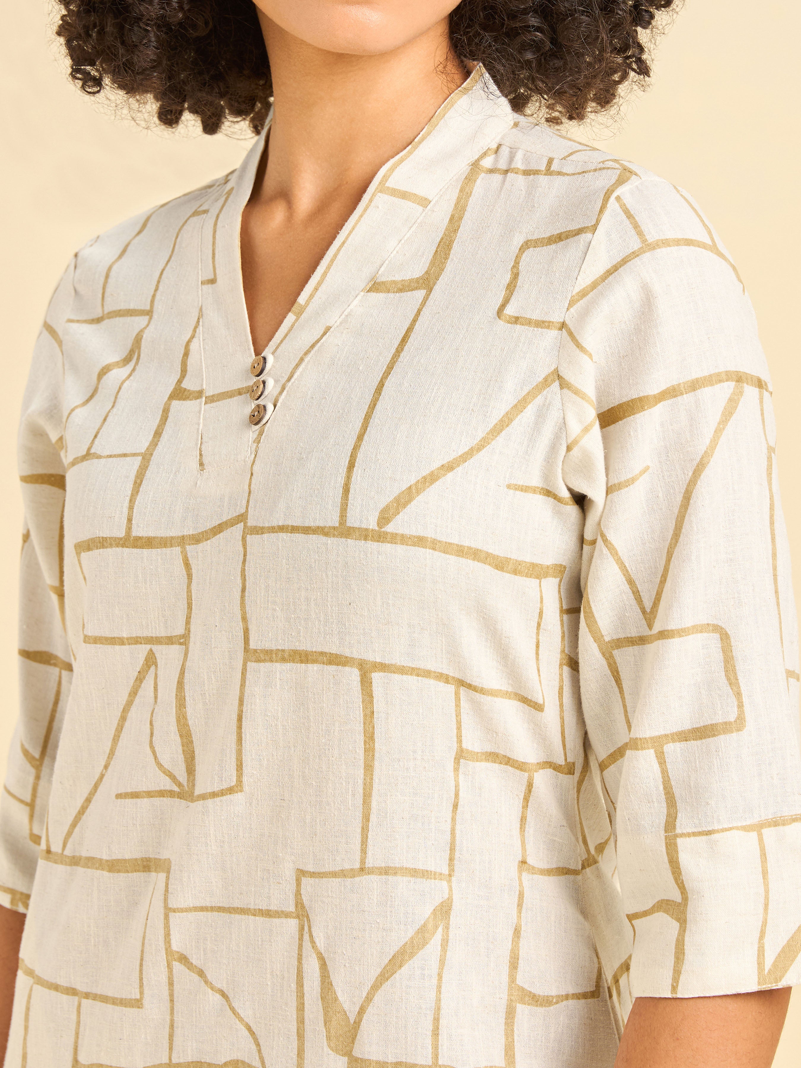 Ivory Cotton Linen Slited Printed Co-Ord Set