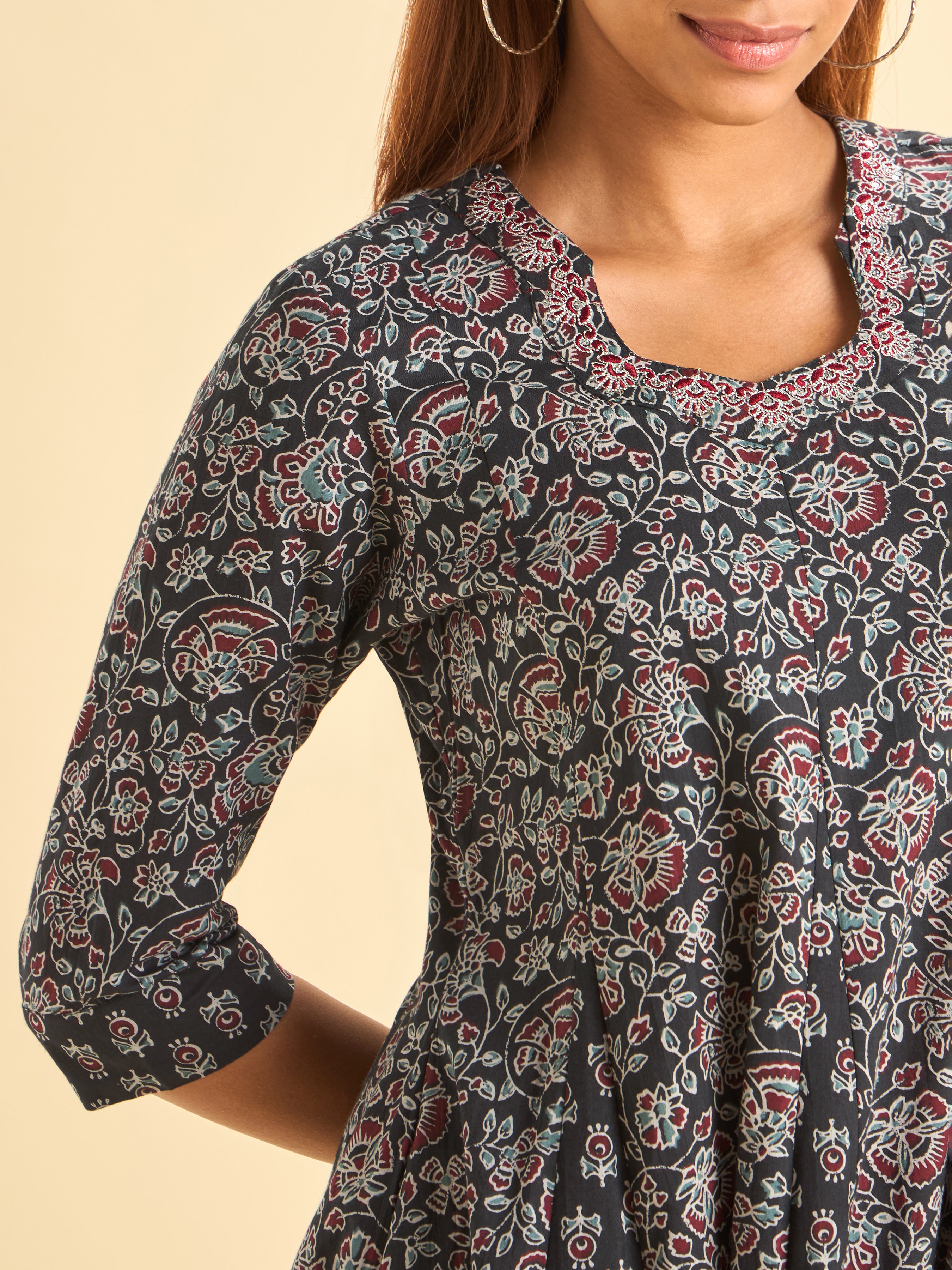 Black Pure Cotton Printed Flared Kalicut Kurti With Embroidery And Sequence