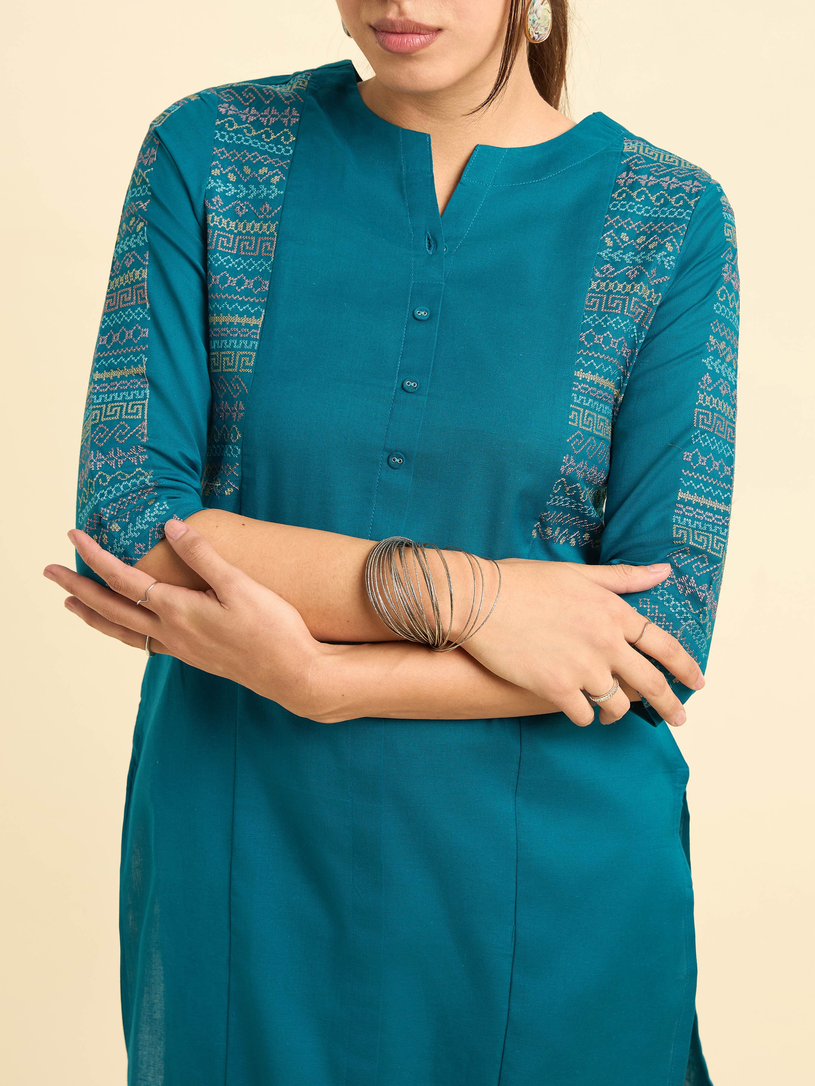Peacock Blue Cotton Flax Slitted Kurti With Embroidery