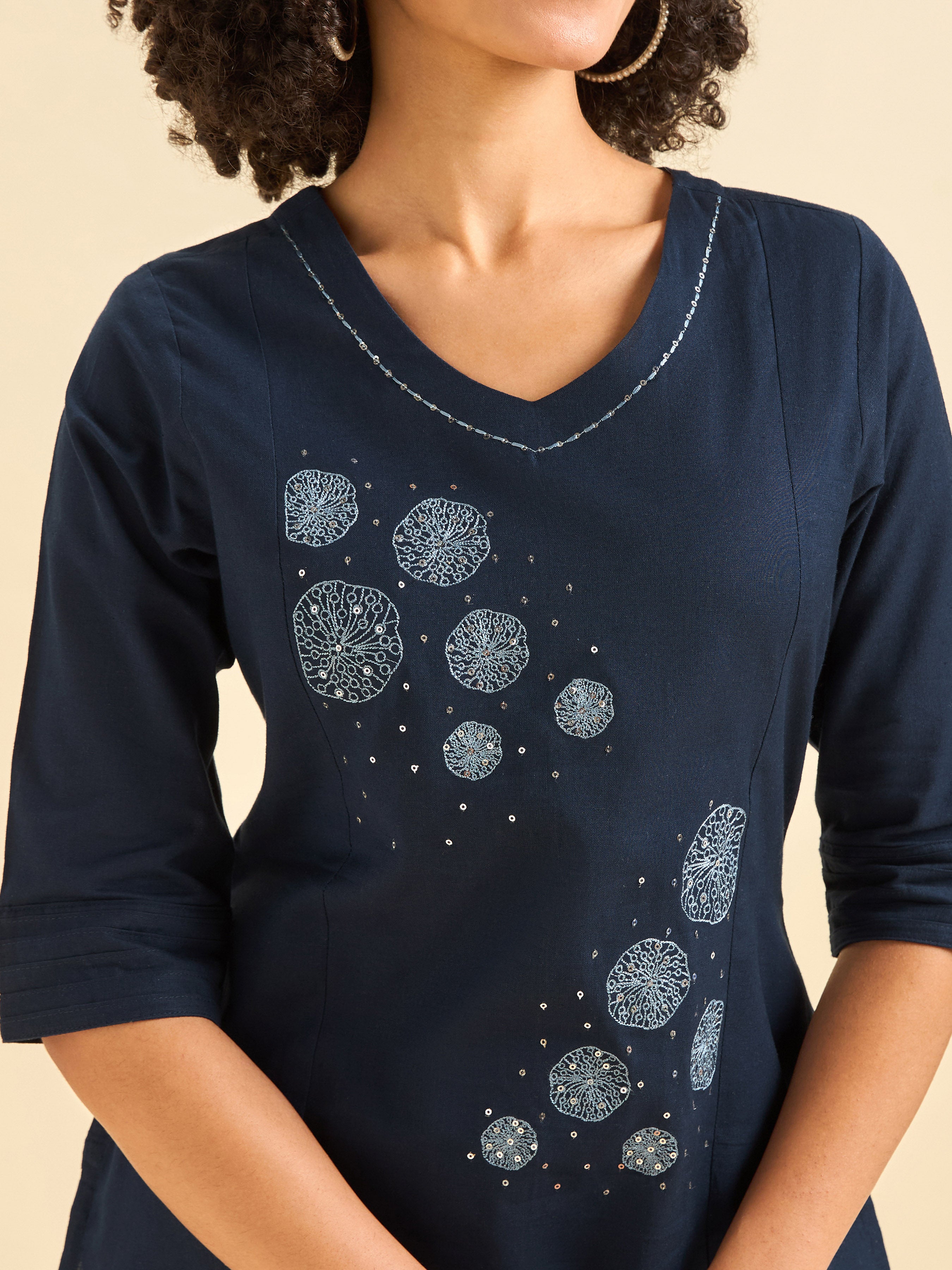 Navy Blue Cotton Flax Kurti With Sequins Embroidery