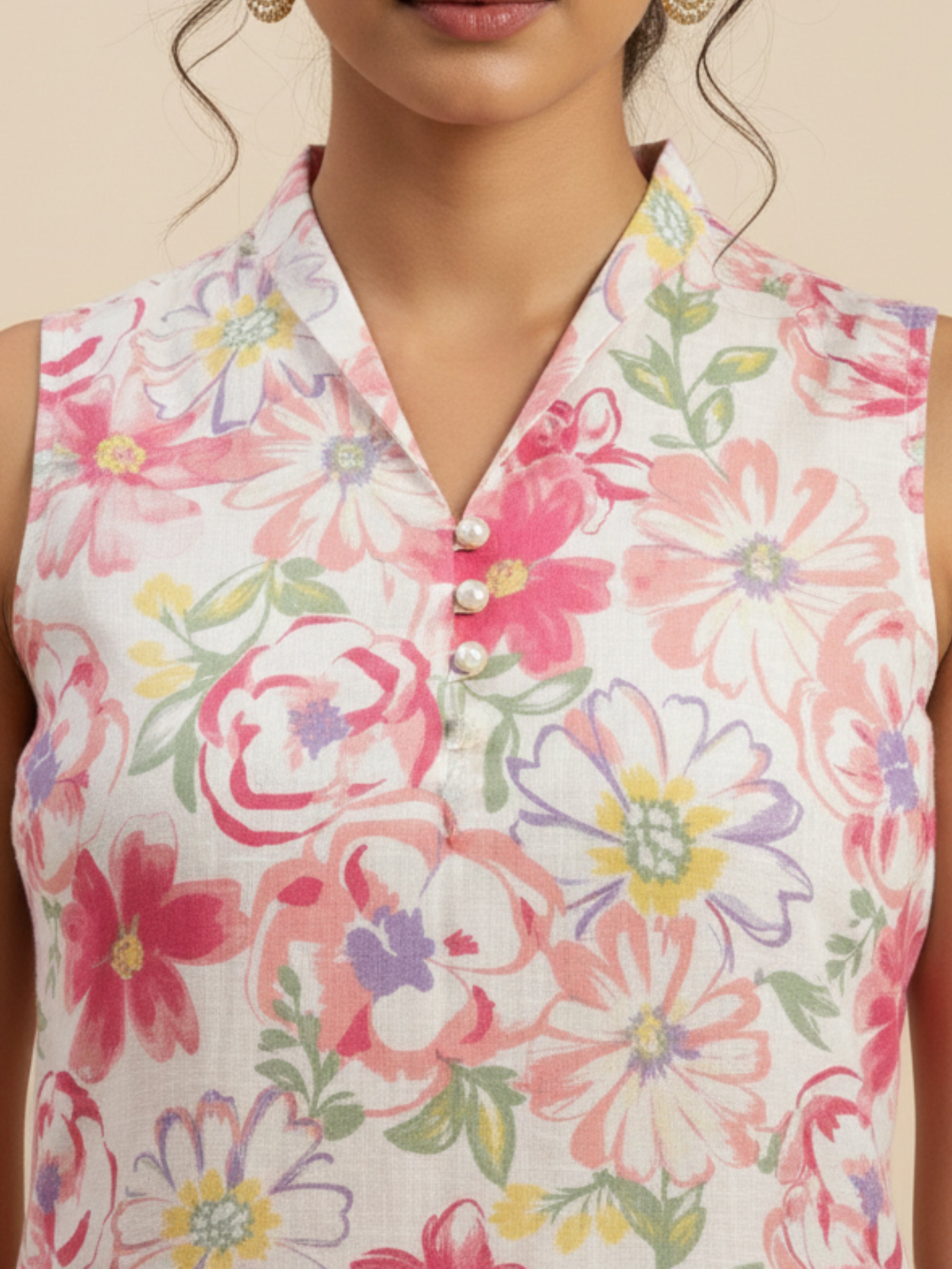 Ivory Multicolour Cotton Flax Printed Slited Kurti With Liberty Cut