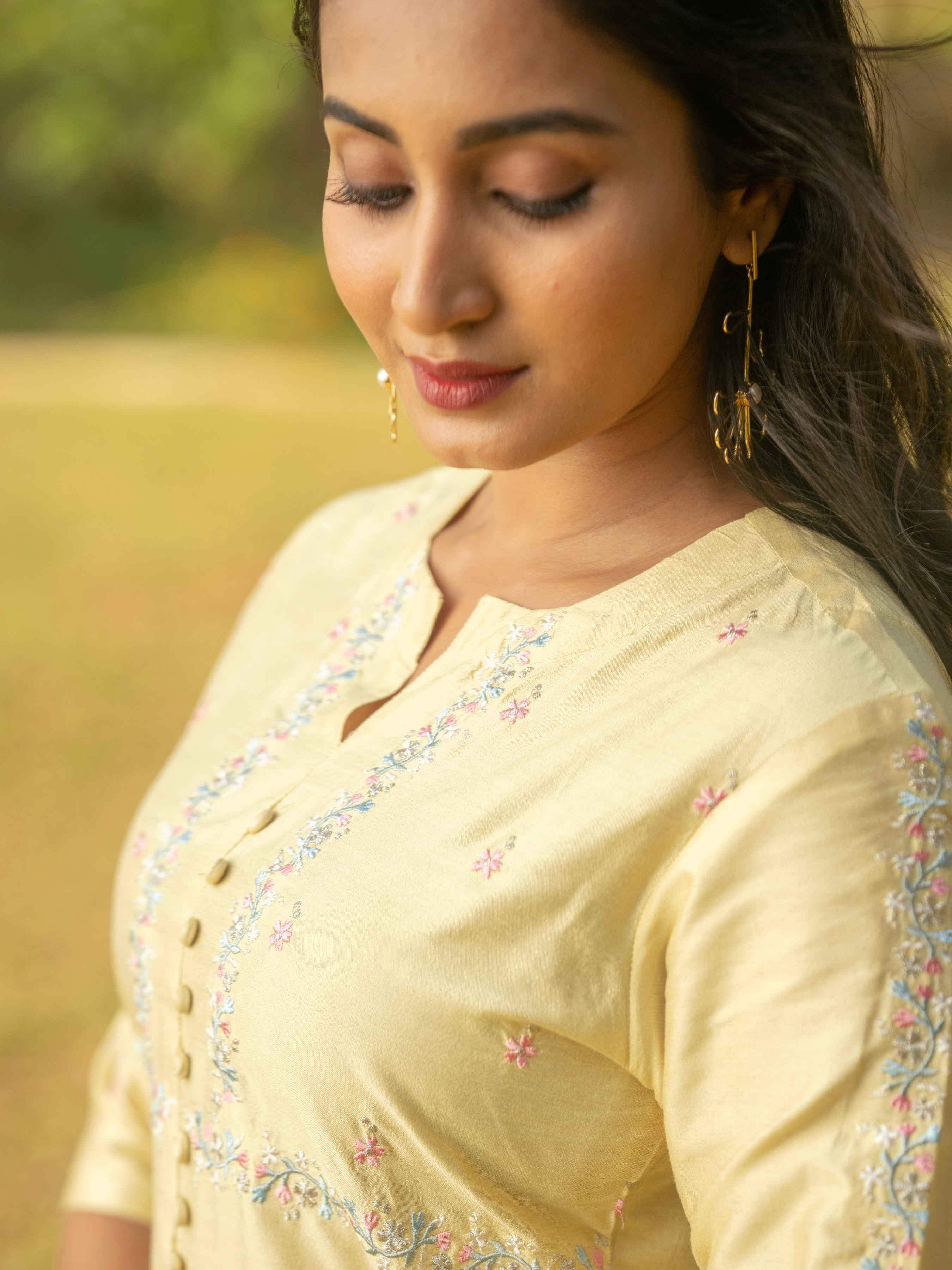 Yellow Poly Viscose Kurti With Embroidery And Matching Bottom