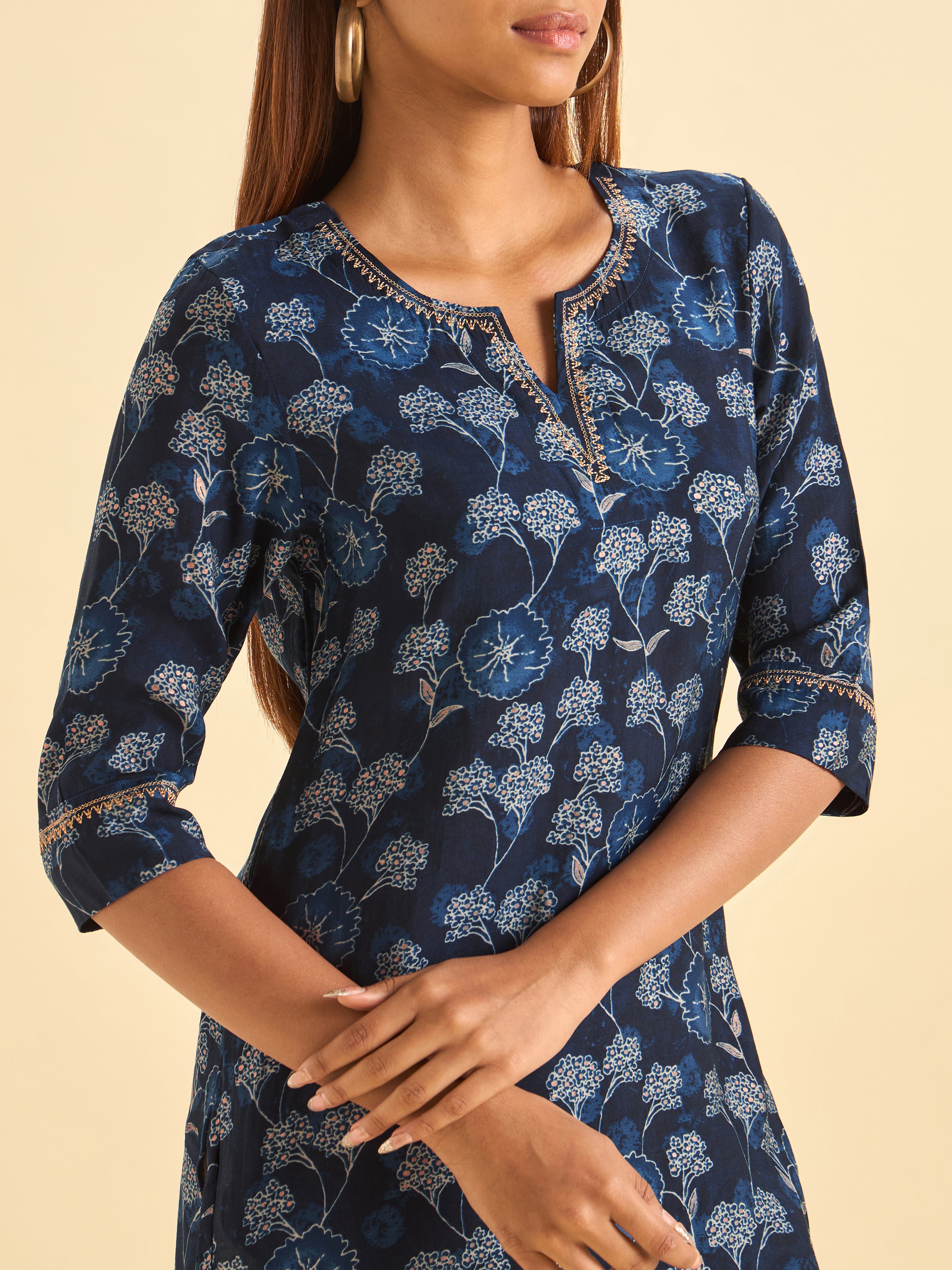Navy Blue Modal Chanderi Slited Printed Kurti With Embroidery