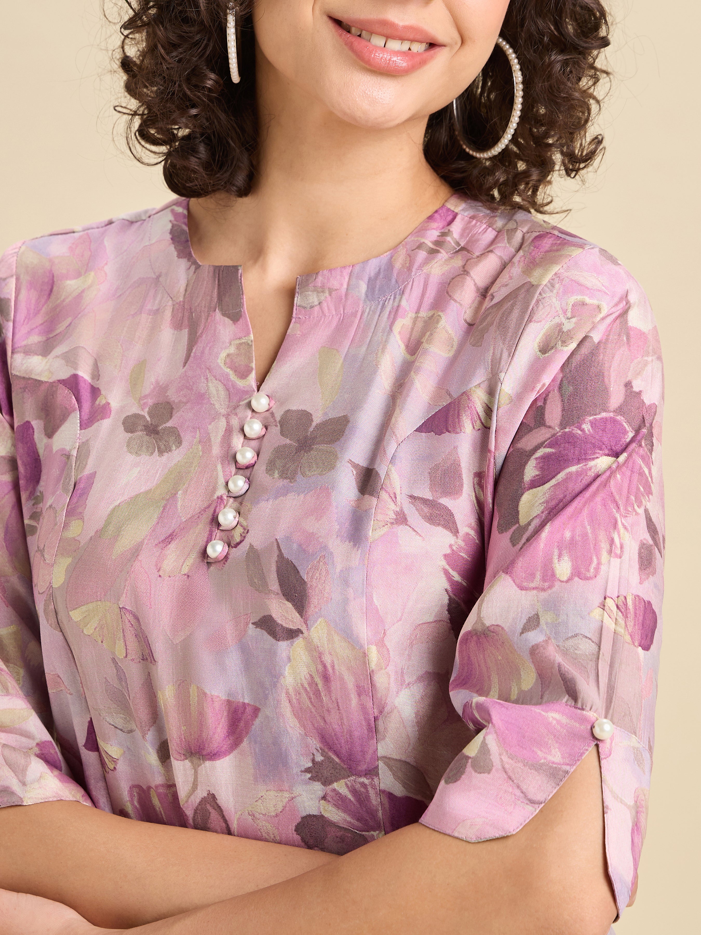 Lilac Modal Chanderi Printed Slited Kurti With Princess Cut