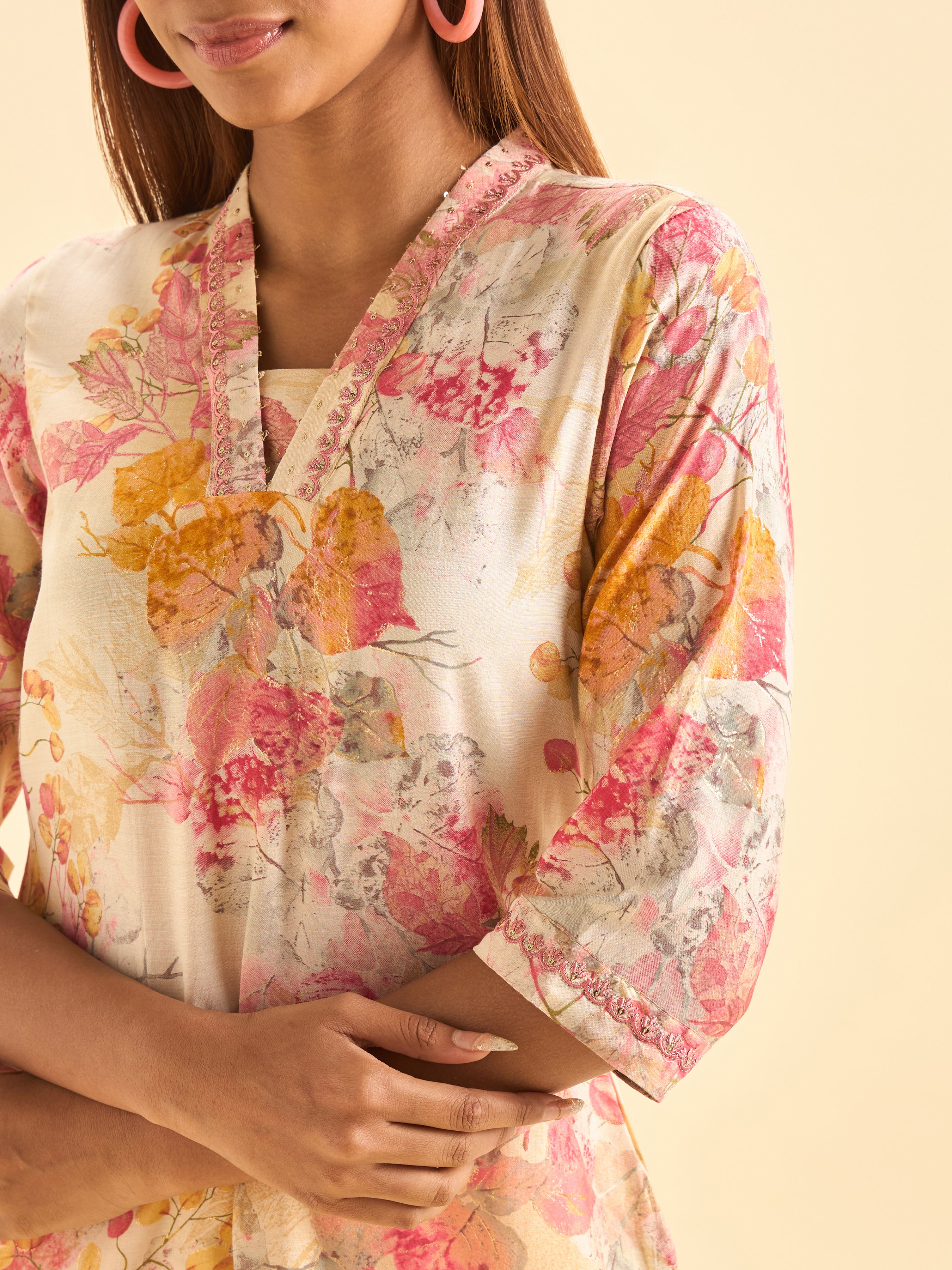 Multi Colour Modal Chanderi Printed Slited Kurti With Sequence Embroidery