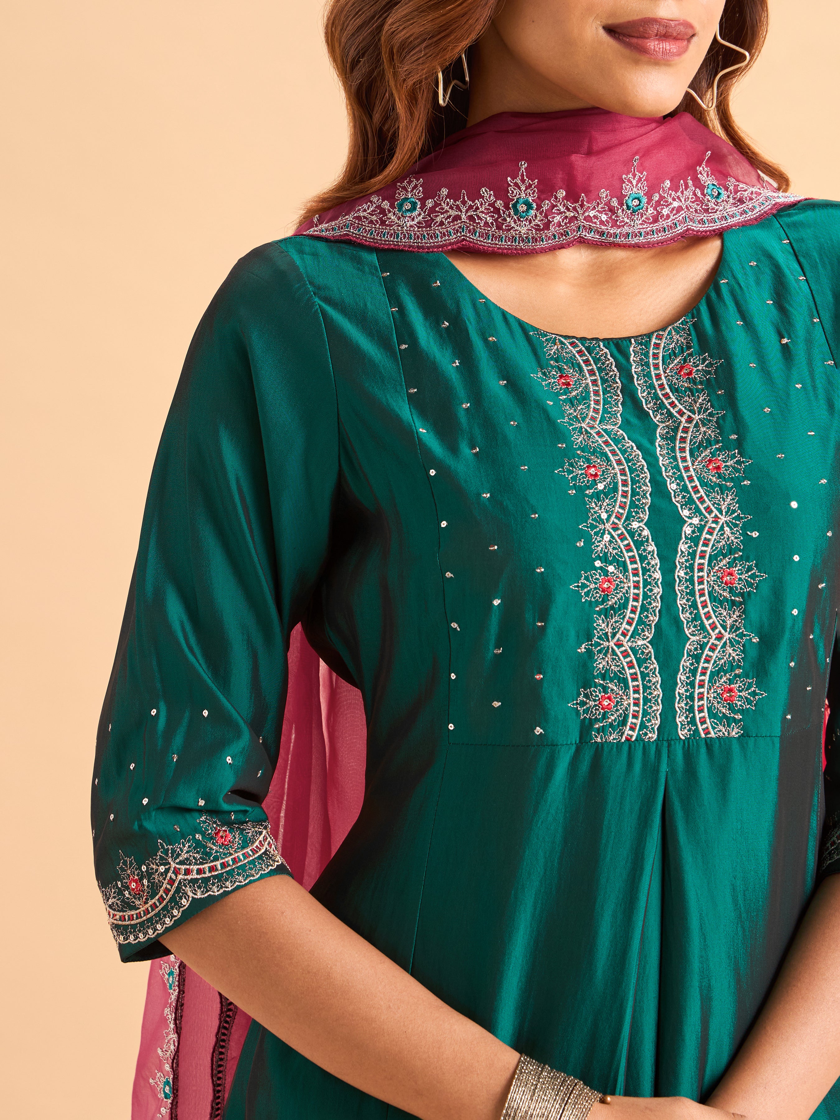 Teal Green Viscose Blend Kurti Set With Dupatta & Sequins Embroidery