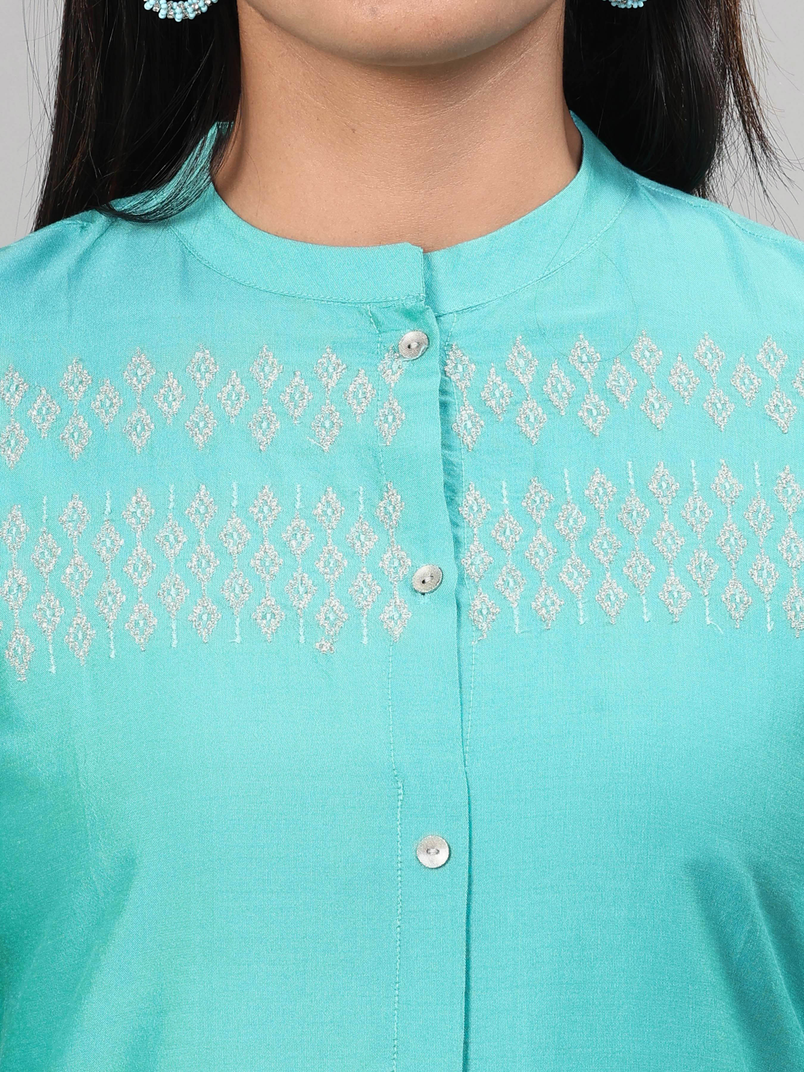 Aqua Blue Poly Viscose Kurti With Embroidery And Matching Bottom