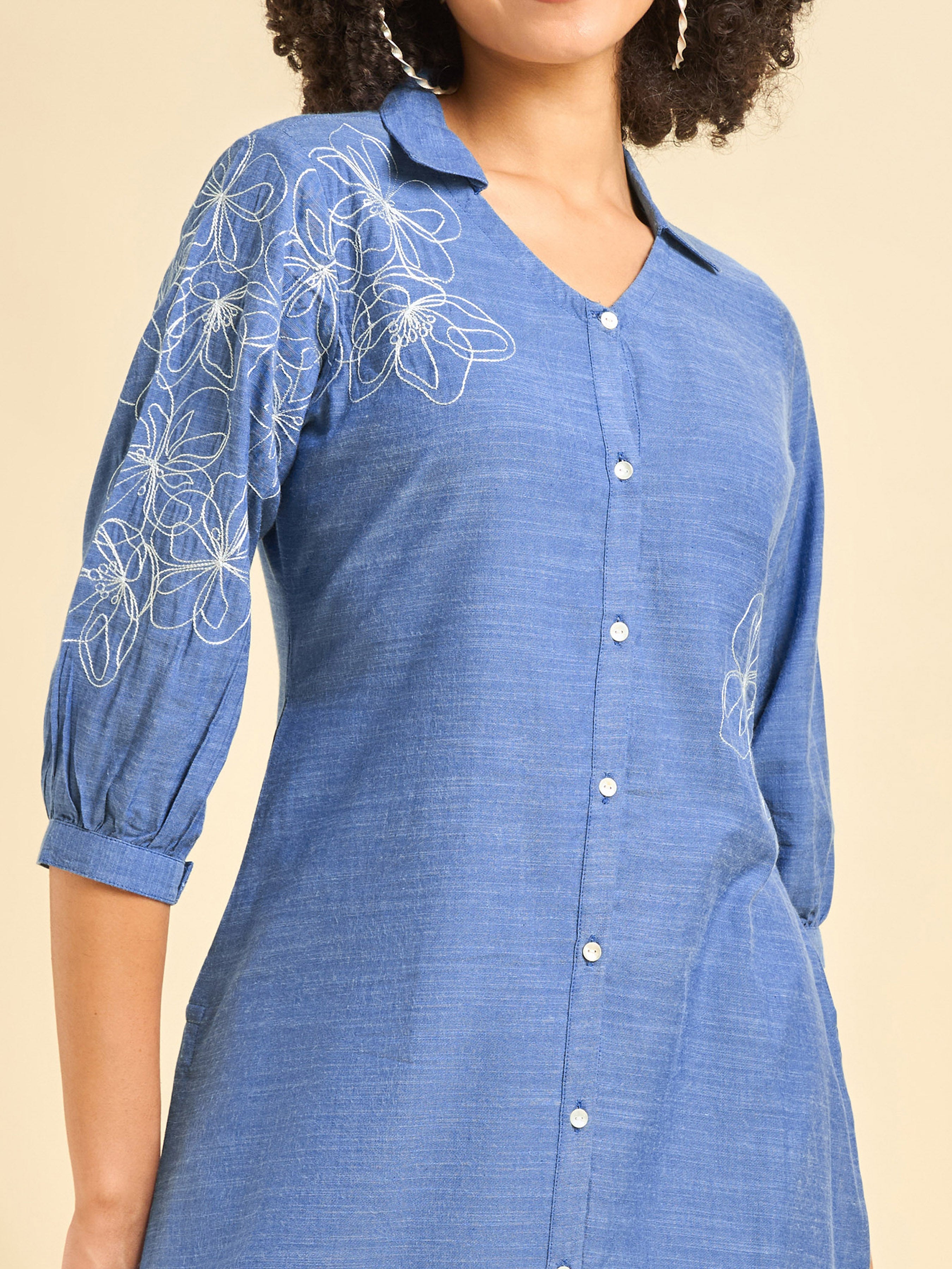 Blue Cotton Viscose Kurti With Embroidery