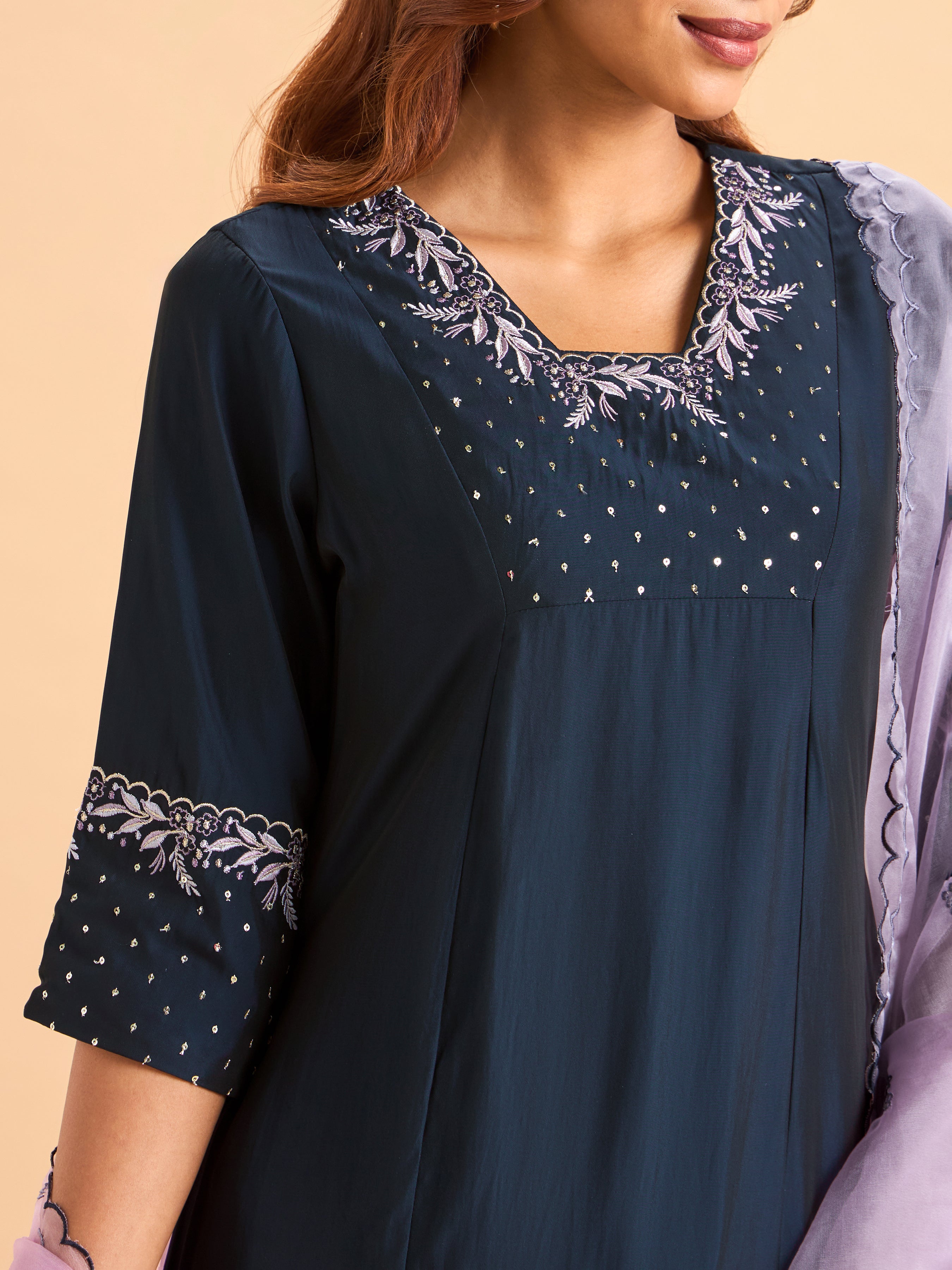 Navy Blue Viscose Blend Kurti Set With Dupatta & Sequins Embroidery