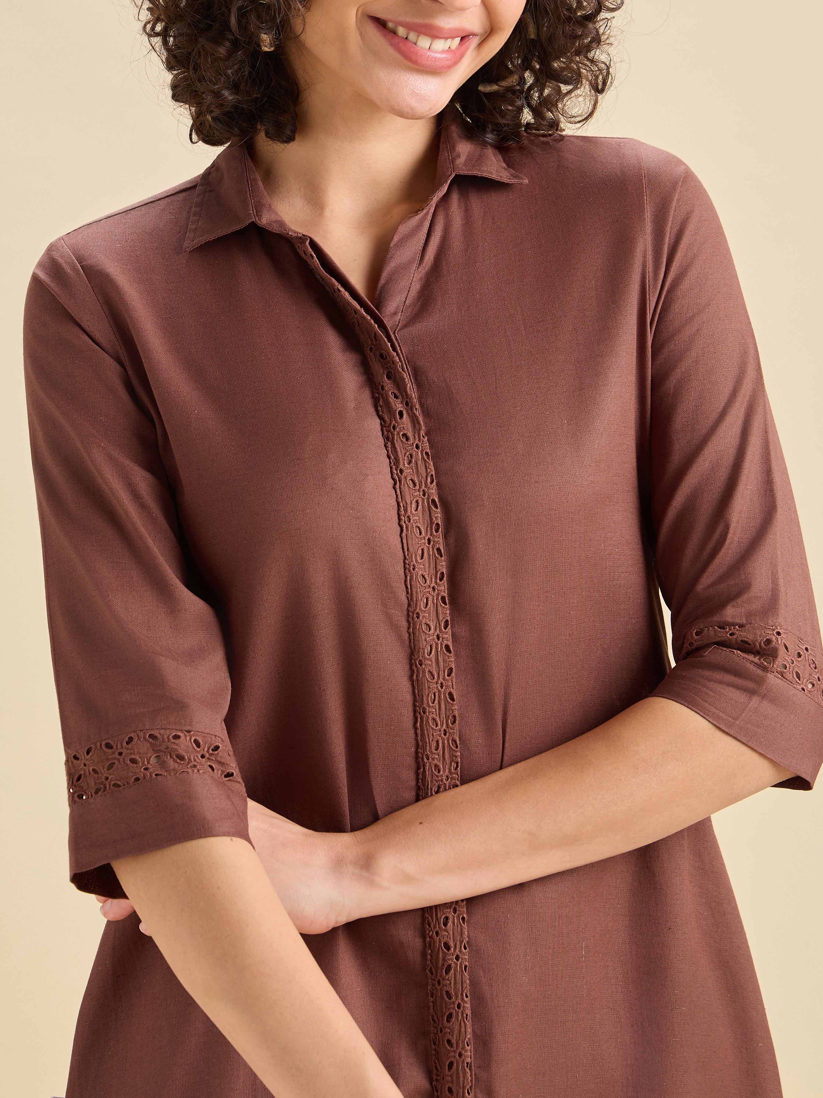 Brick Red Cotton Flax Flared Kurti Set