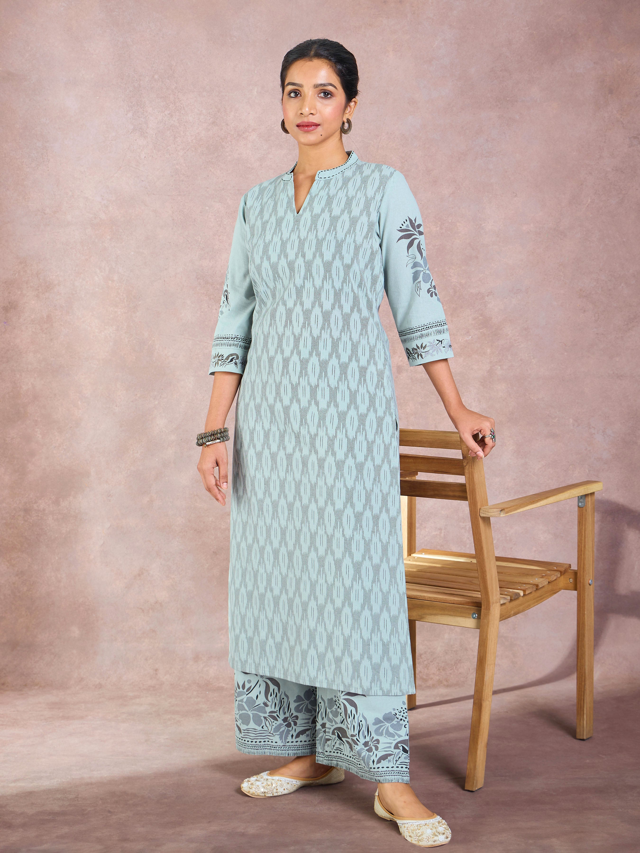 Sage Green Cotton Flax Printed Kurti With Embroidery