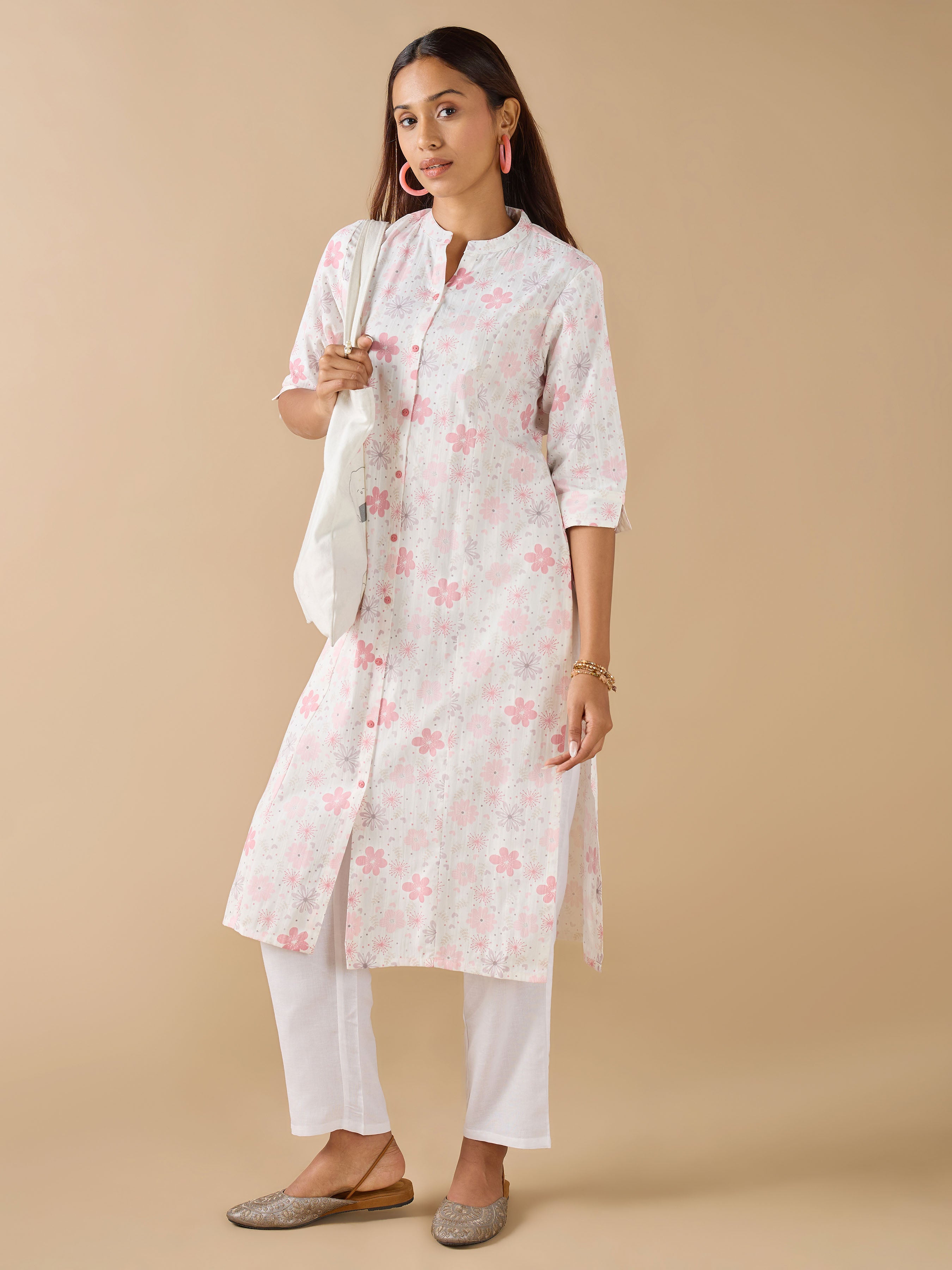 White Cotton Dobby Printed Kurti With Princess Cut