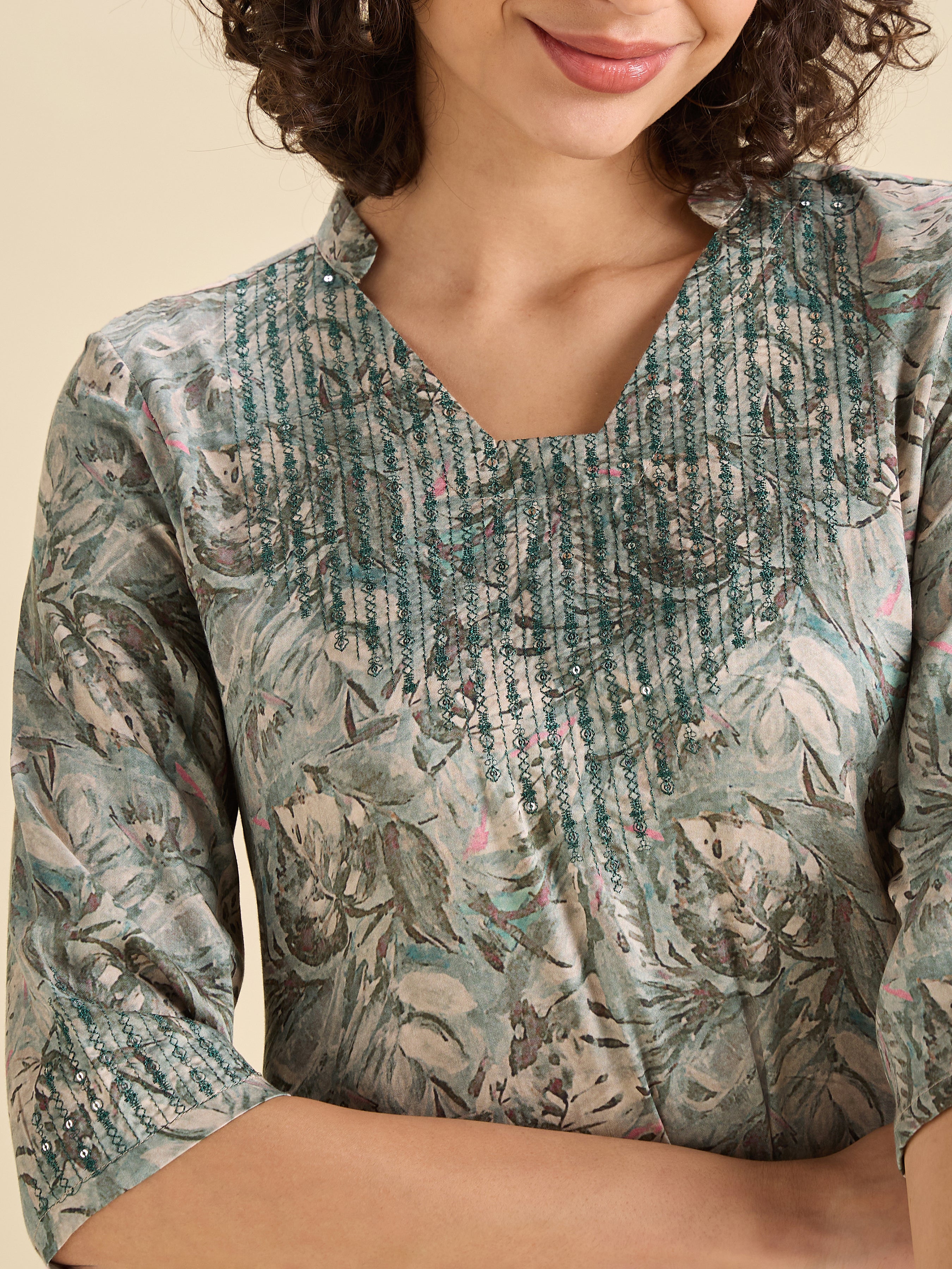 Sage Green Modal Satin Slited Kurti Set With Embroidery & Sequins Work