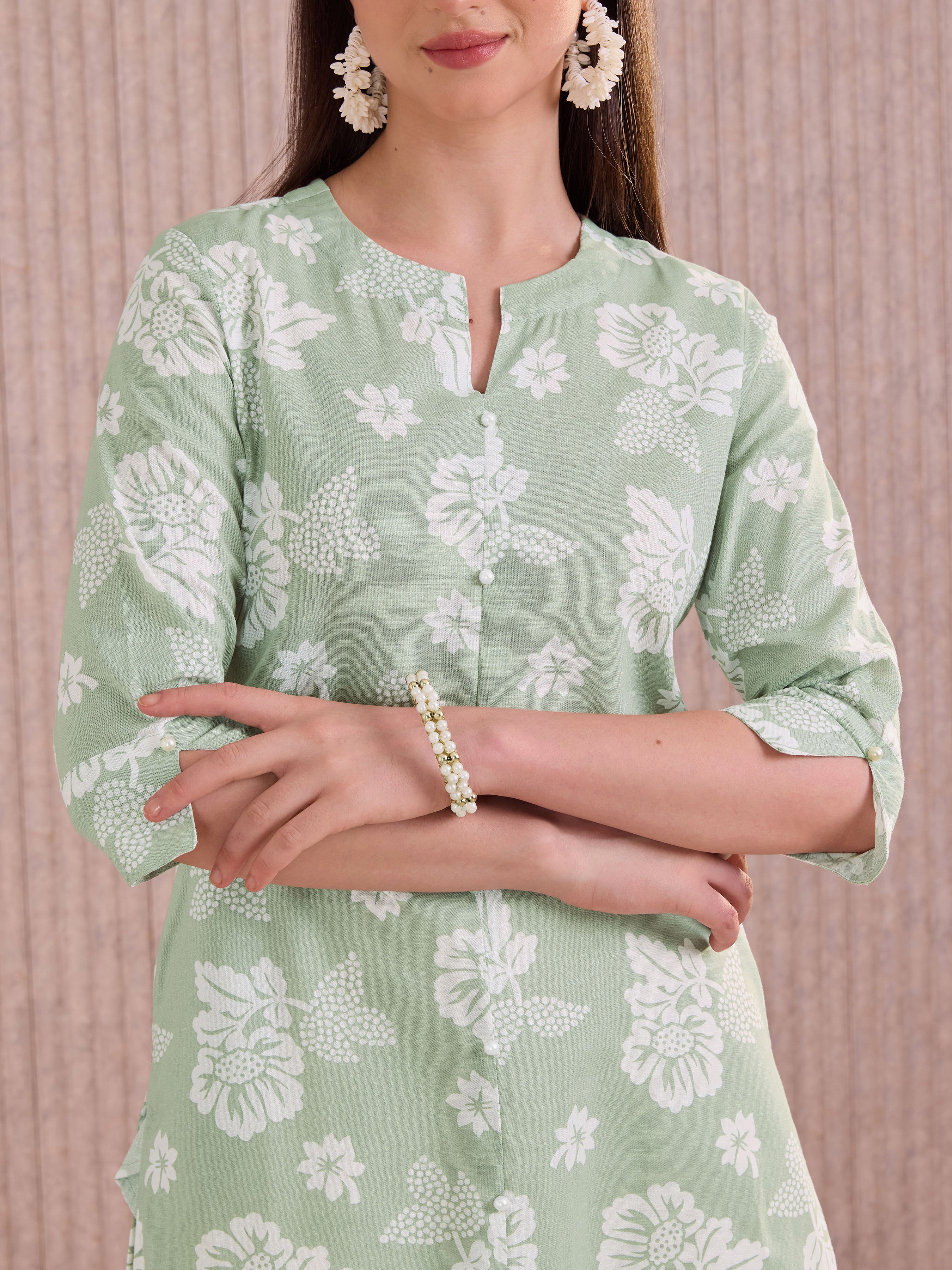 Mint Green Cotton Flax Printed Kurti