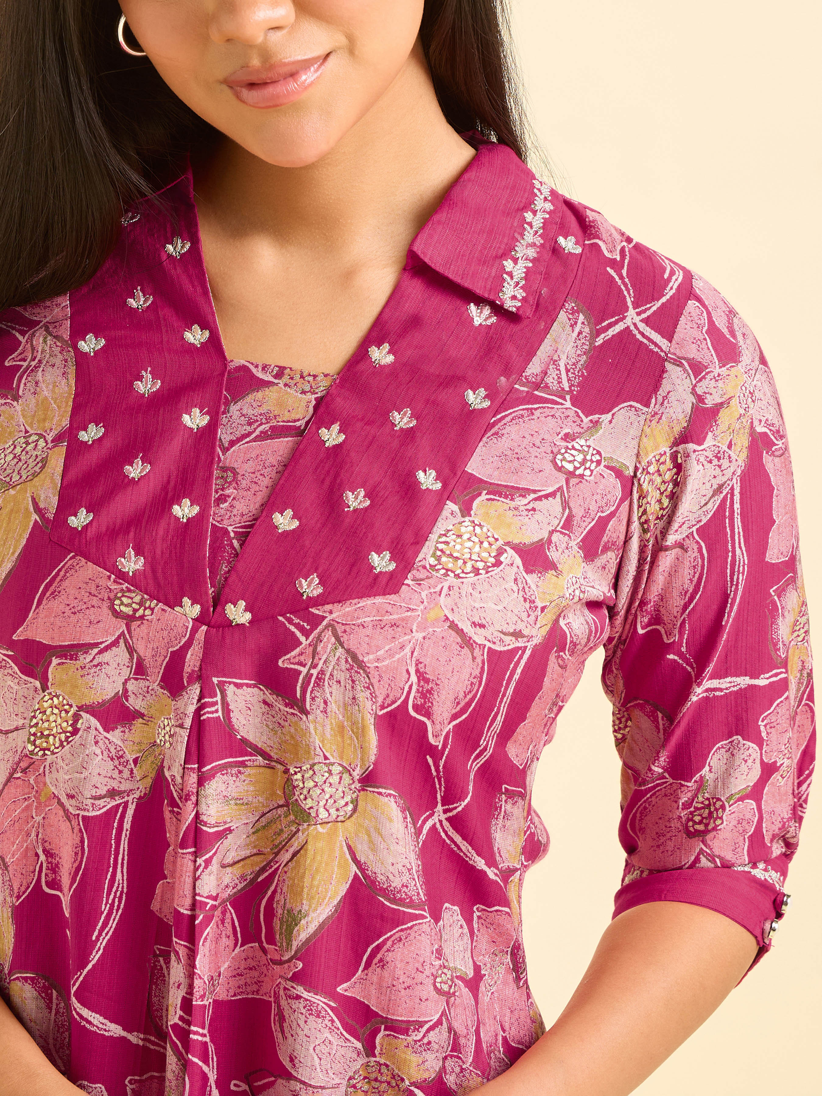 Magenta Viscose Blend Foil Printed Flared Kurta Set With Sequins Embroidery