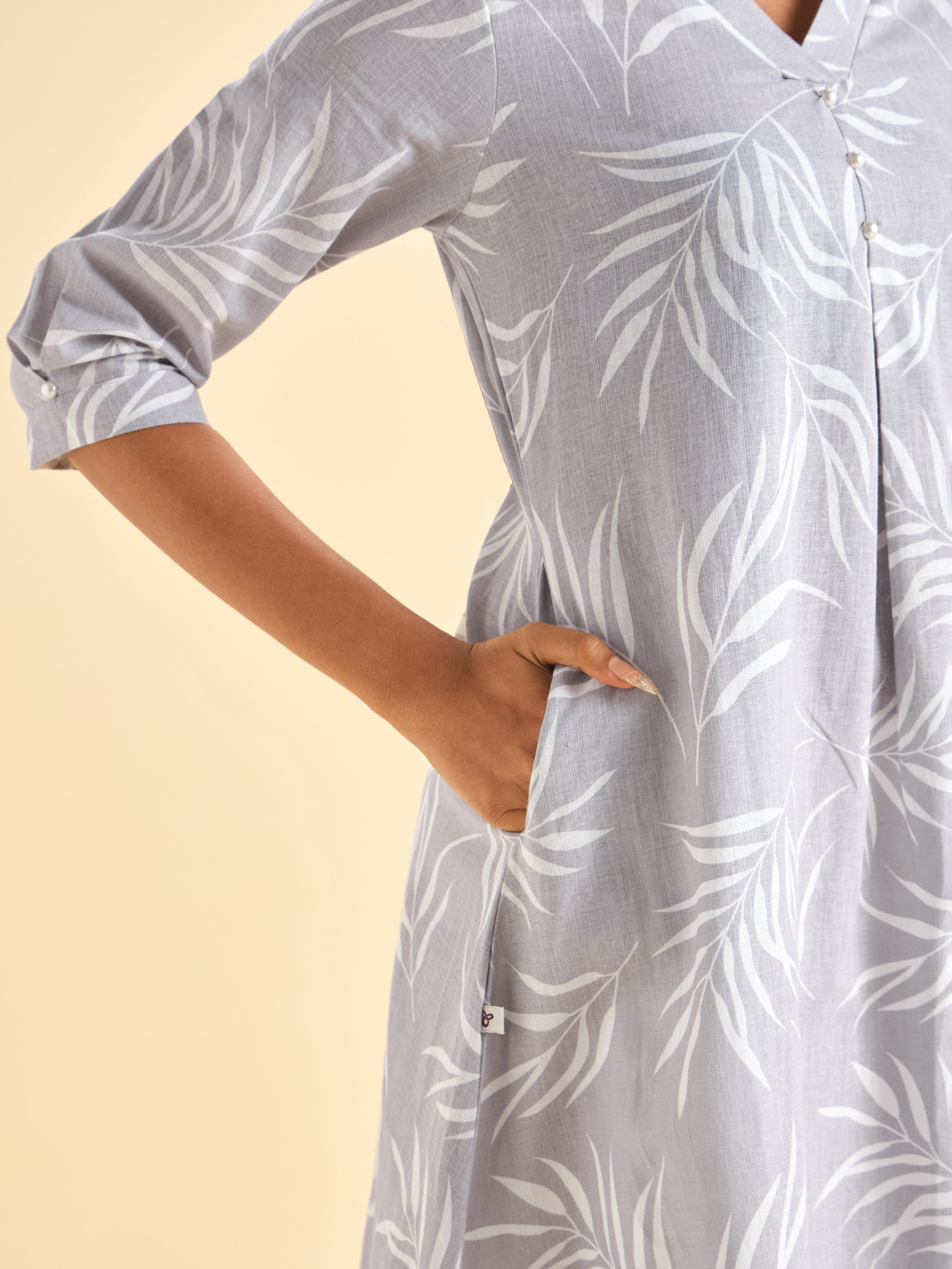 Lilac White Cotton Linen Printed Flared Kurti With Box Pleat
