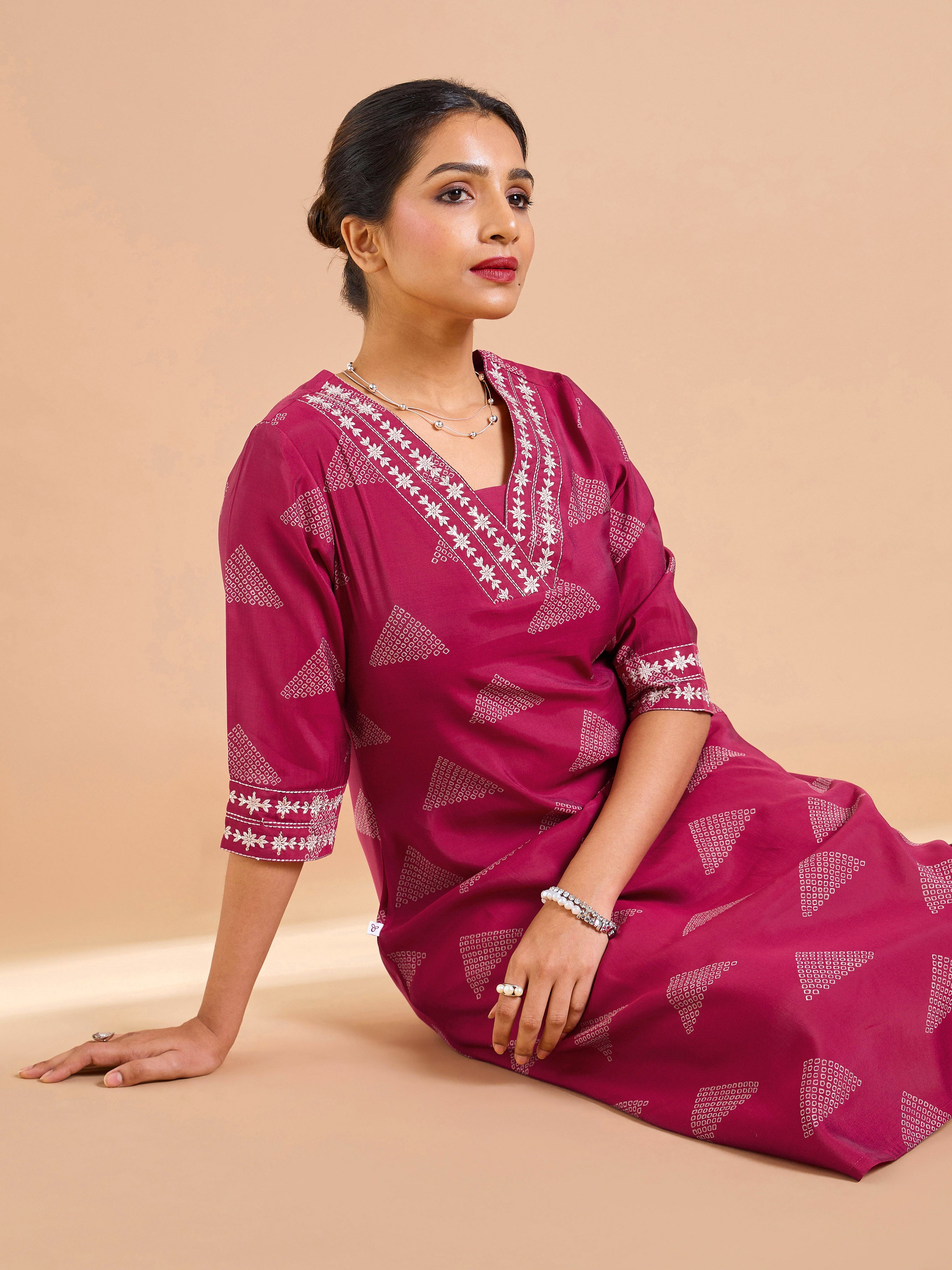 Magenta Modal Chanderi Printed Kurti With Sequins Work