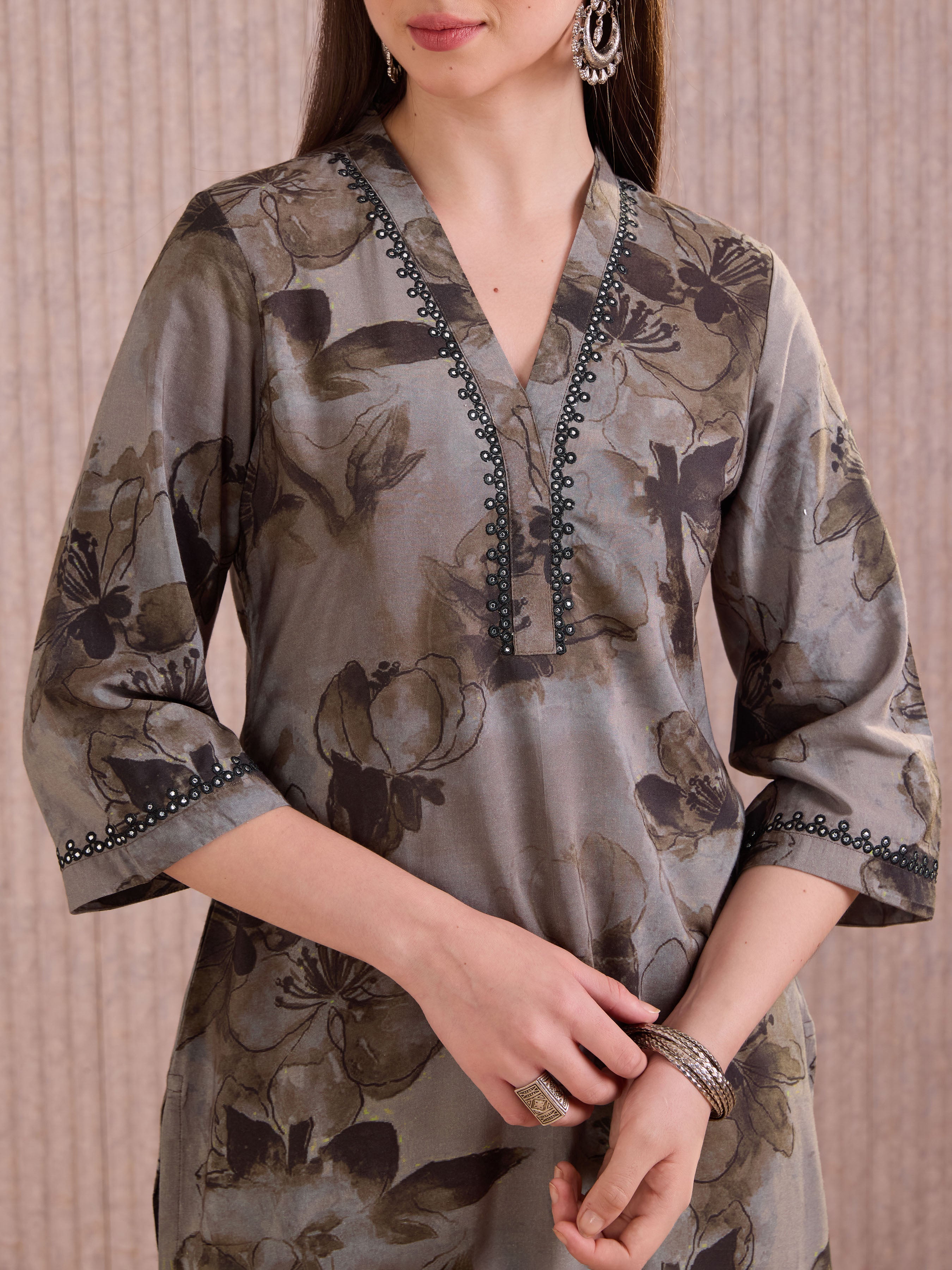 Grey Viscose Blend Printed Kurti With Mirror Work