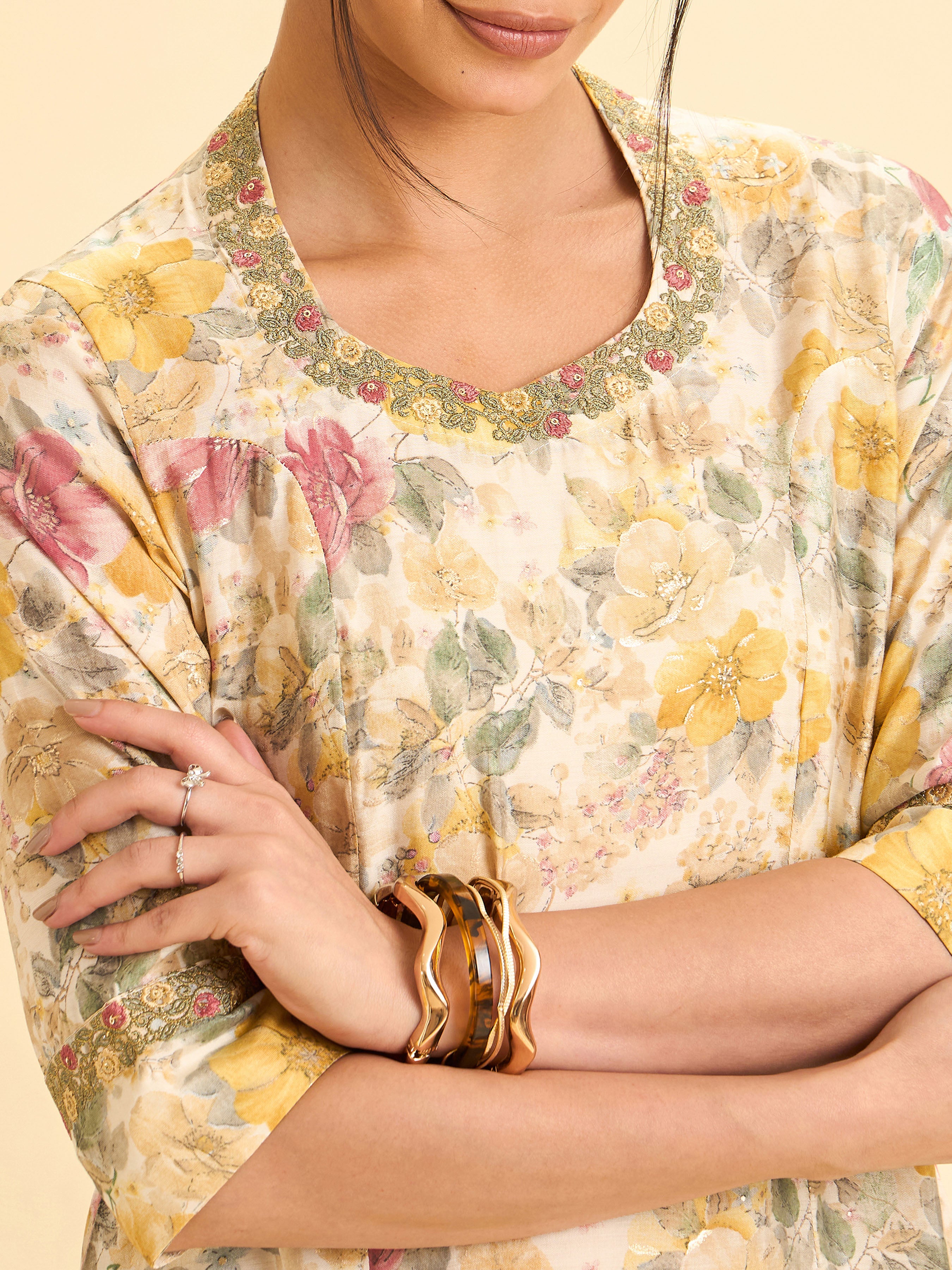 Ivory Modal Chanderi Printed Princess Cut Slitted Kurti With Embroidery