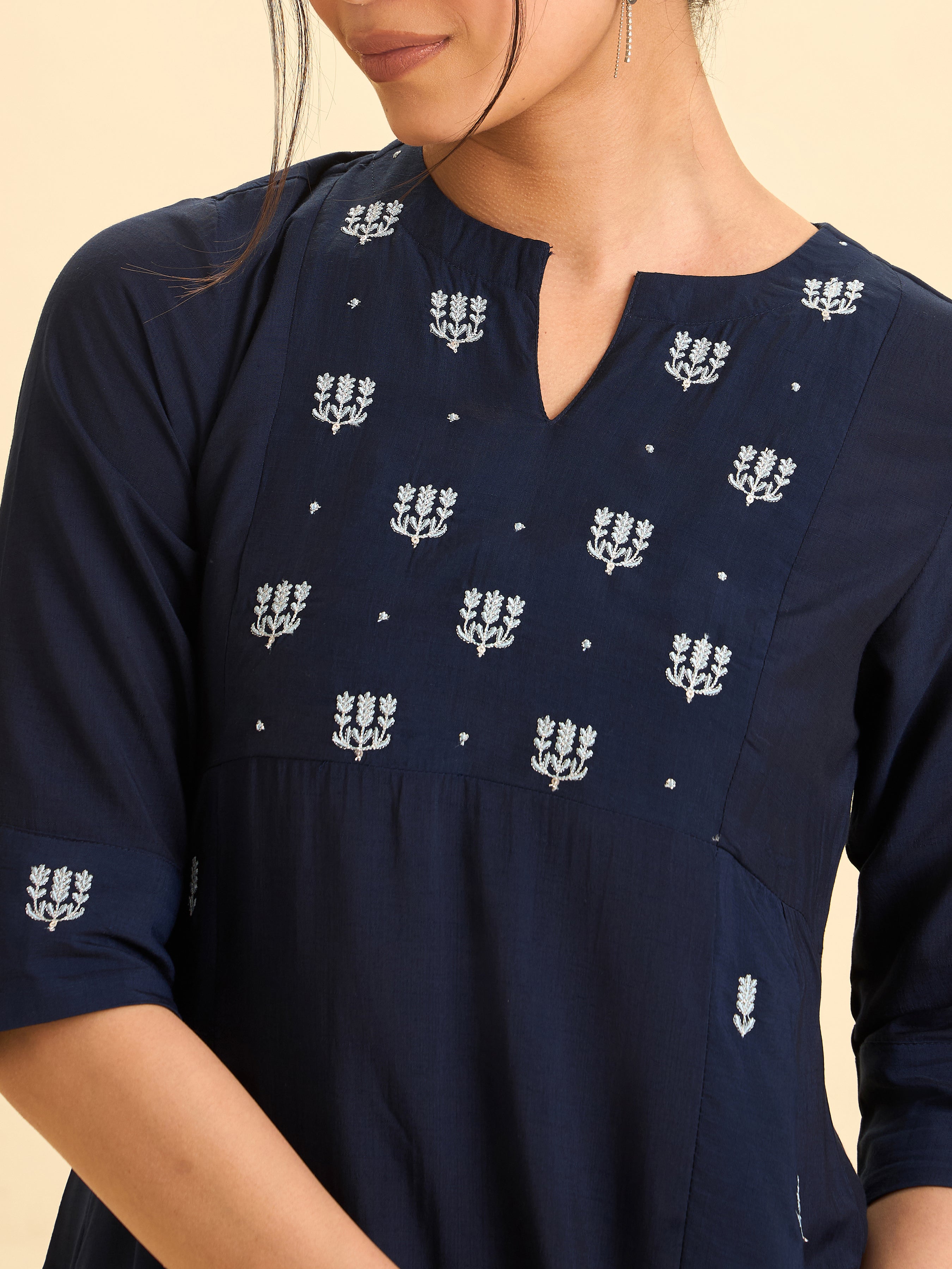 Navy Blue Viscose Blend Flared Kurti With Embroidery