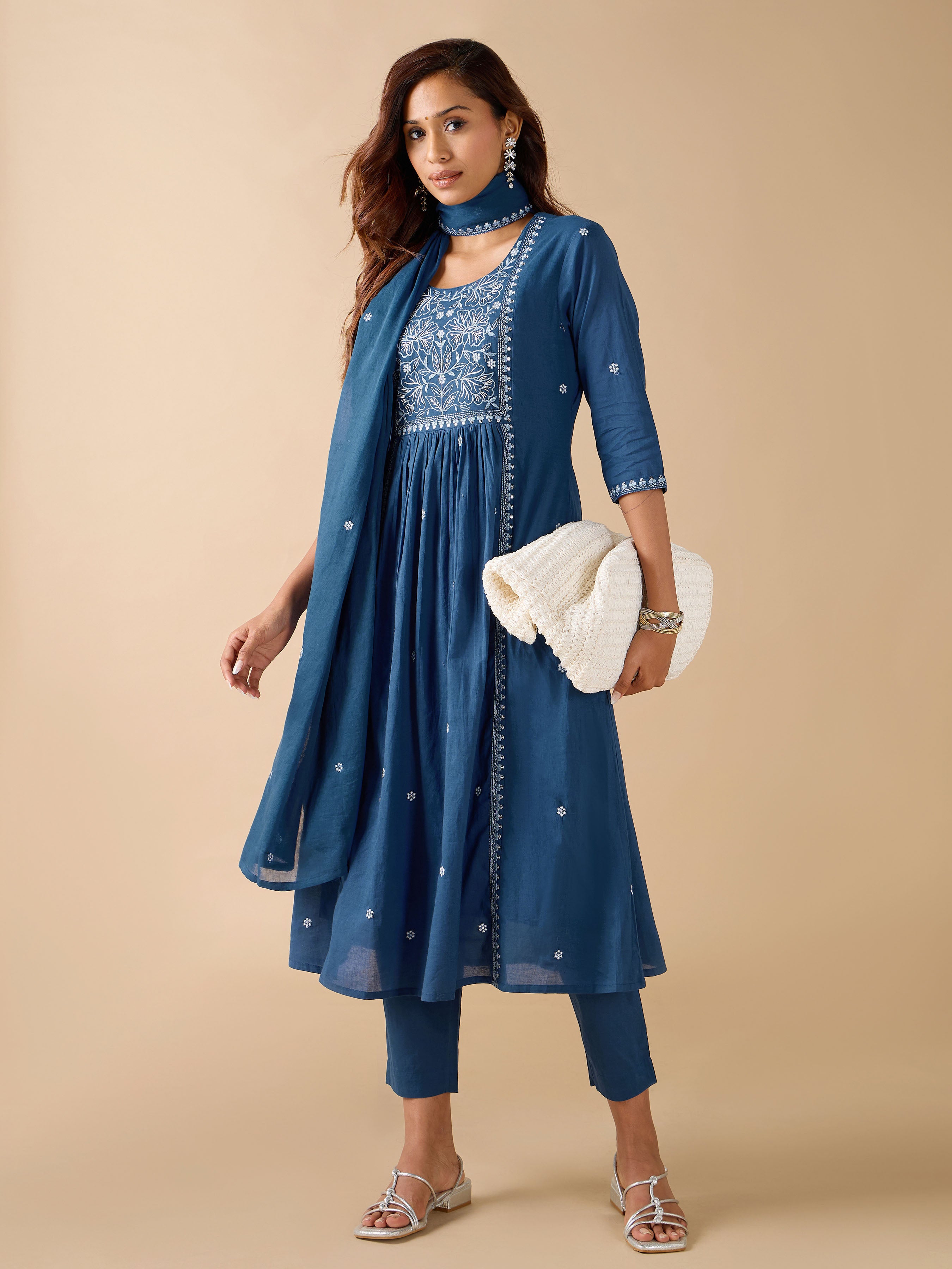 Royal Blue Pure Cotton Kurti Set & Dupatta With Embroidery