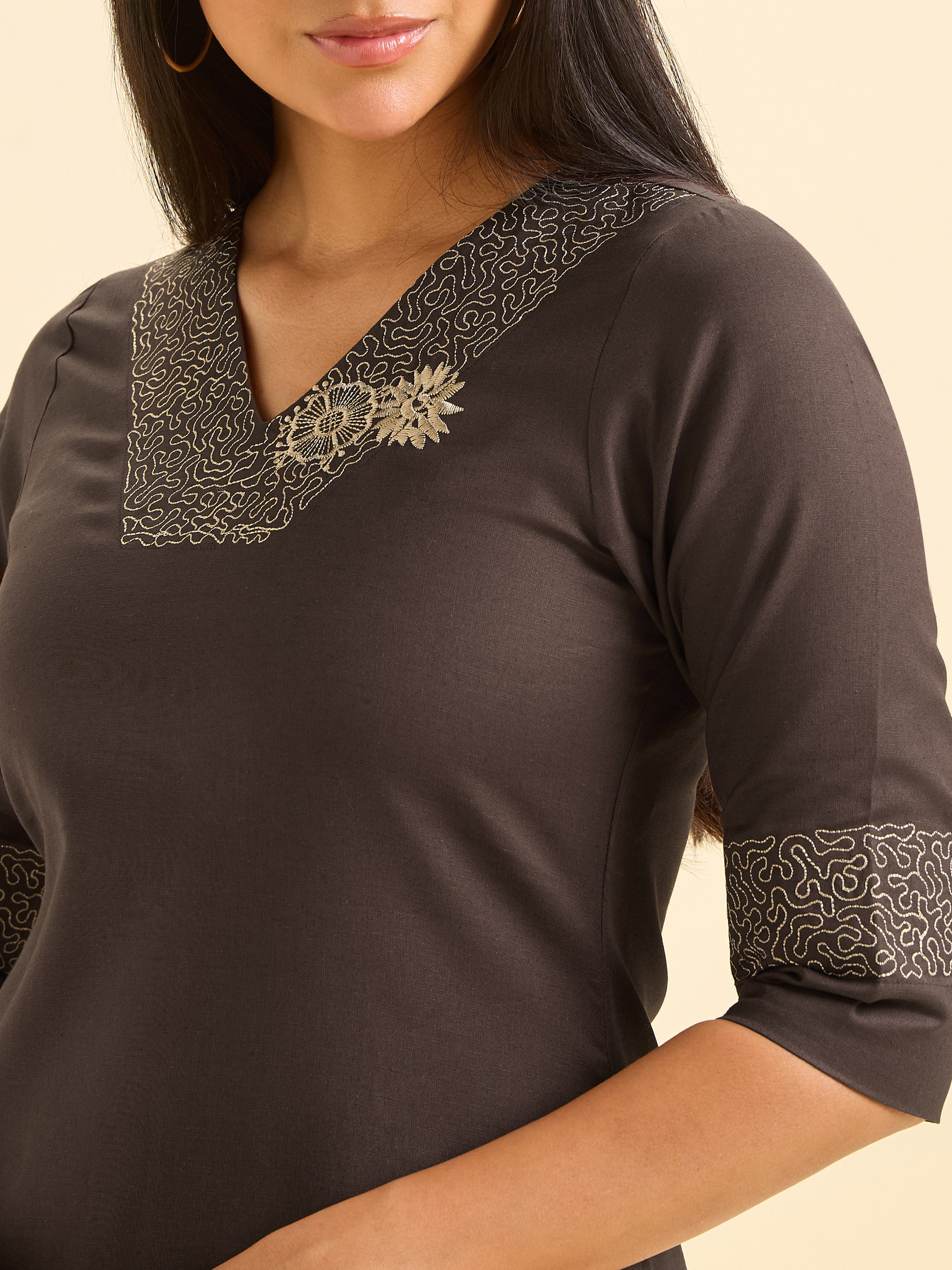 Coffee Brown Cotton Flax Slit Cord Set With Embroidery