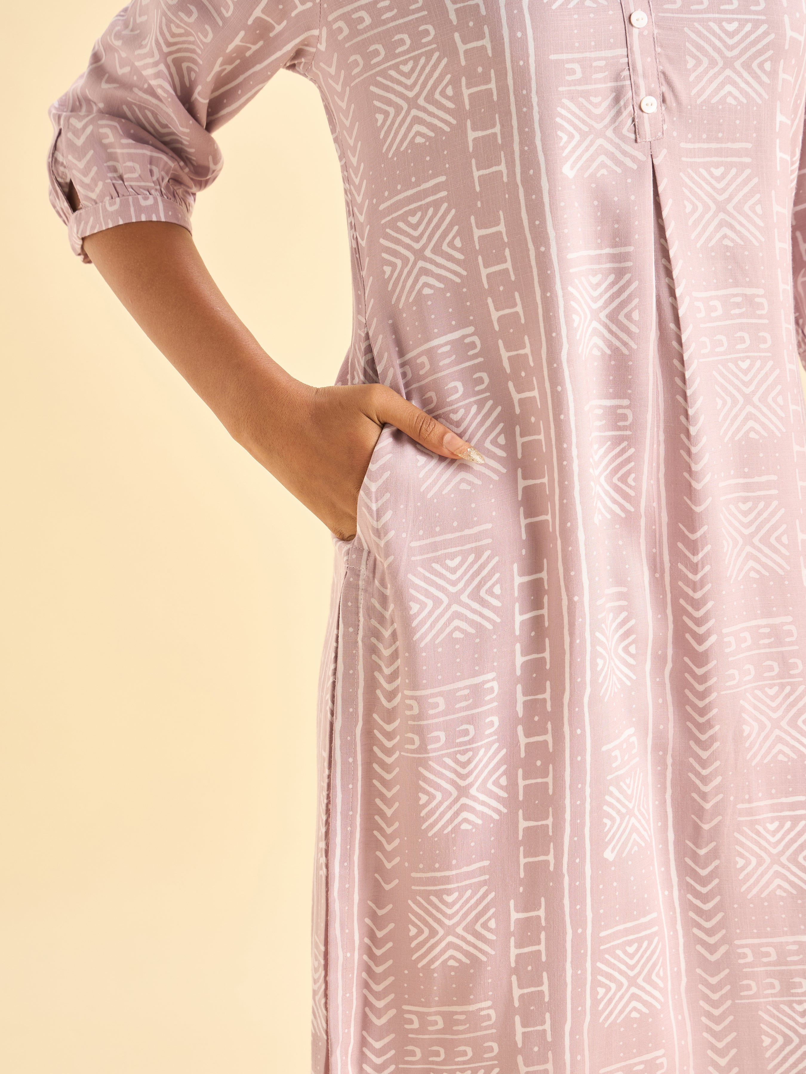 Onion Pink And Ivory Tencel Print Slited Kurti With Box Pleat
