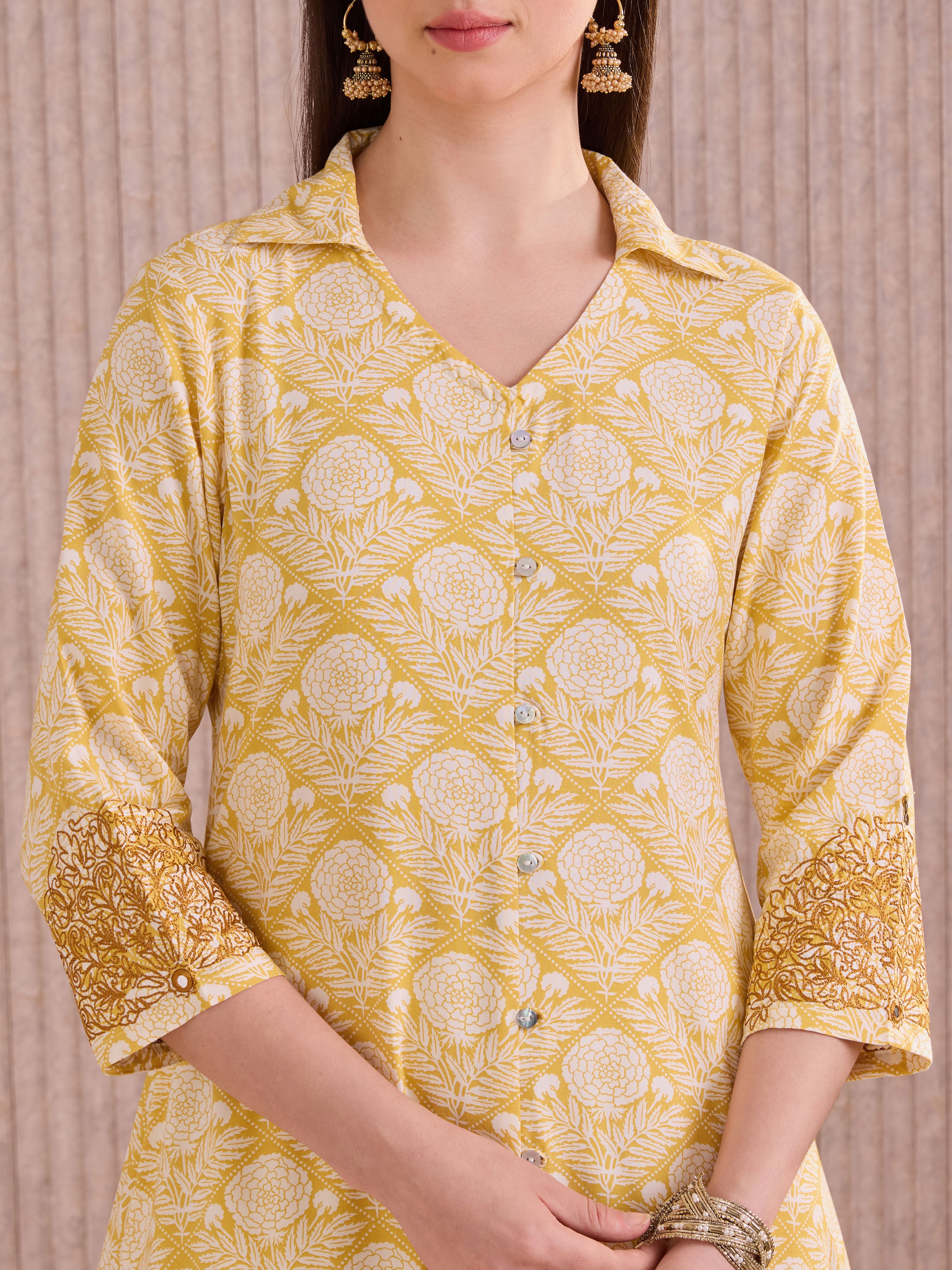 Yellow Viscose Printed Kurti With Embroidery