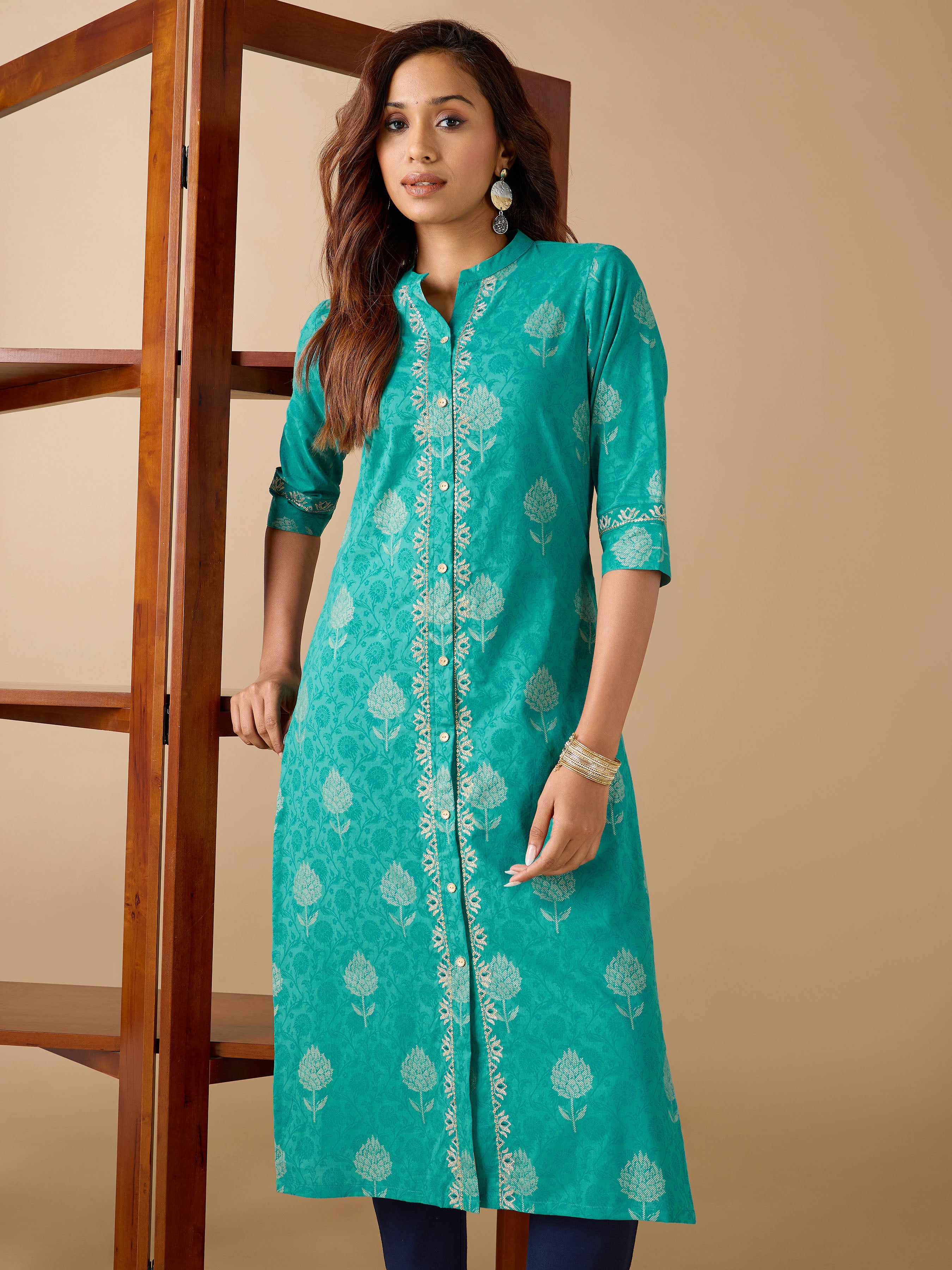 Teal Green Pure Cotton Printed Kurti With Embroidery