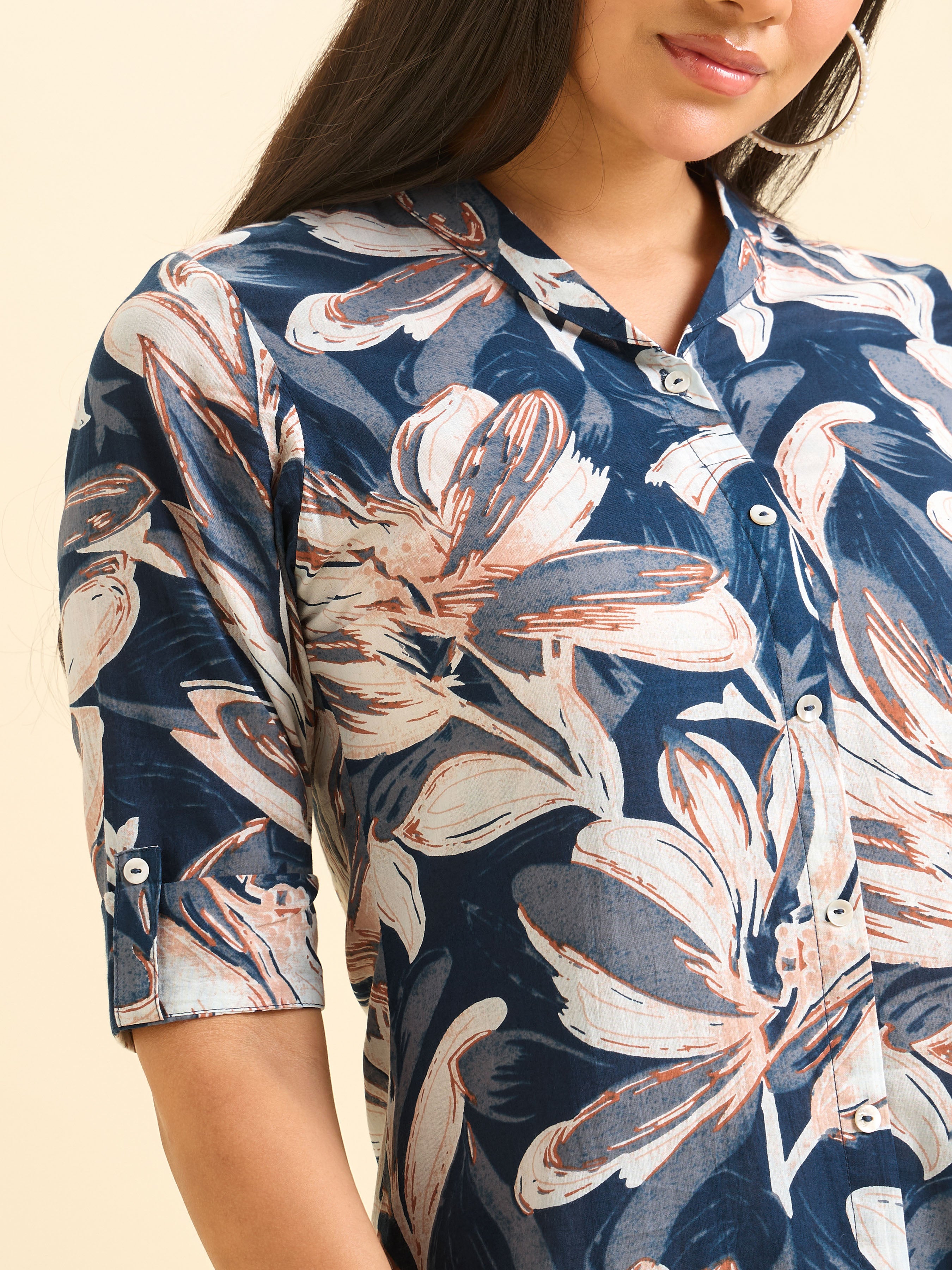 Navy Blue Cotton Flax Printed Kurti Set