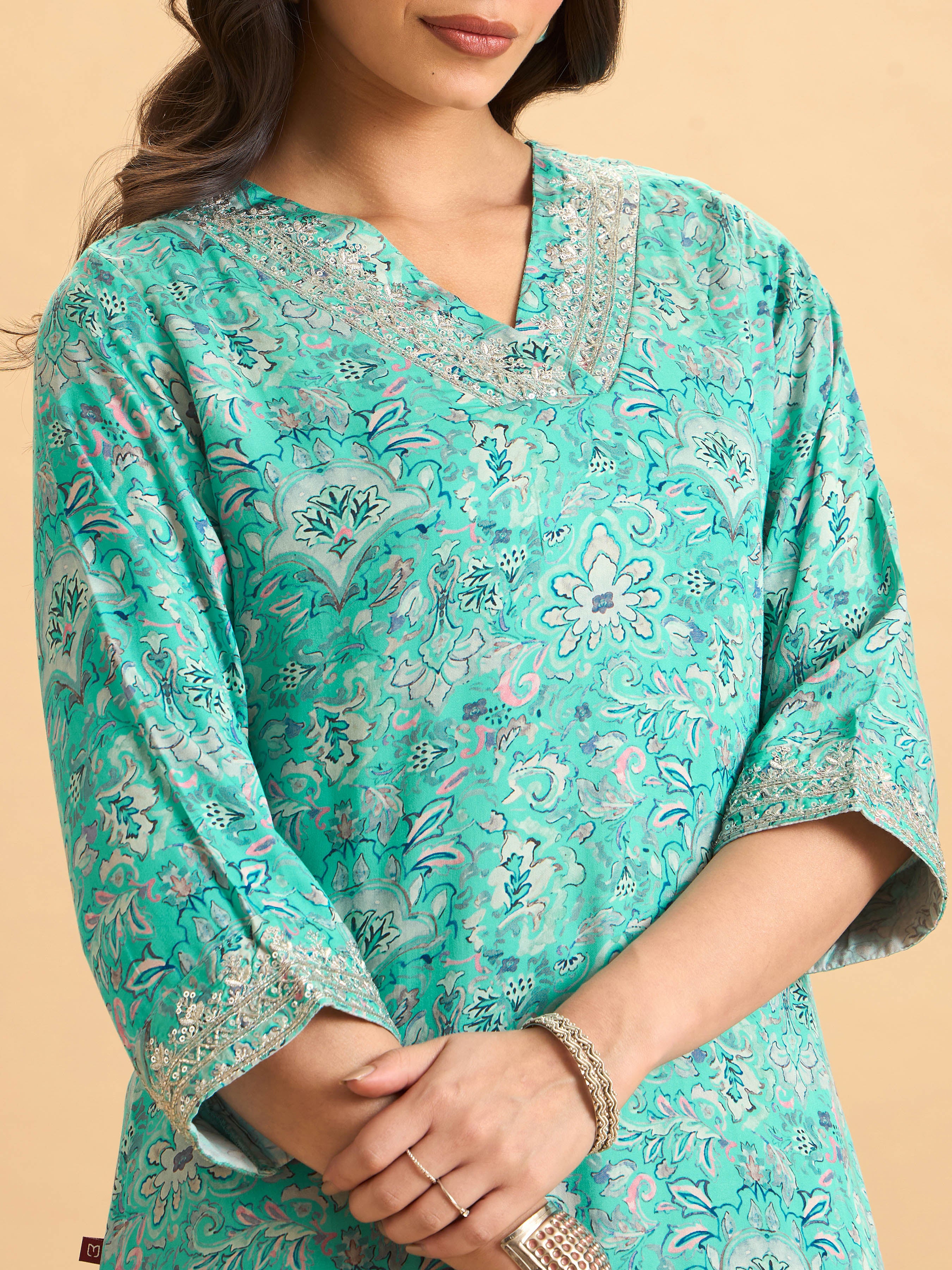 Aqua Blue Modal Satin Printed Kurti Set With Hand Work