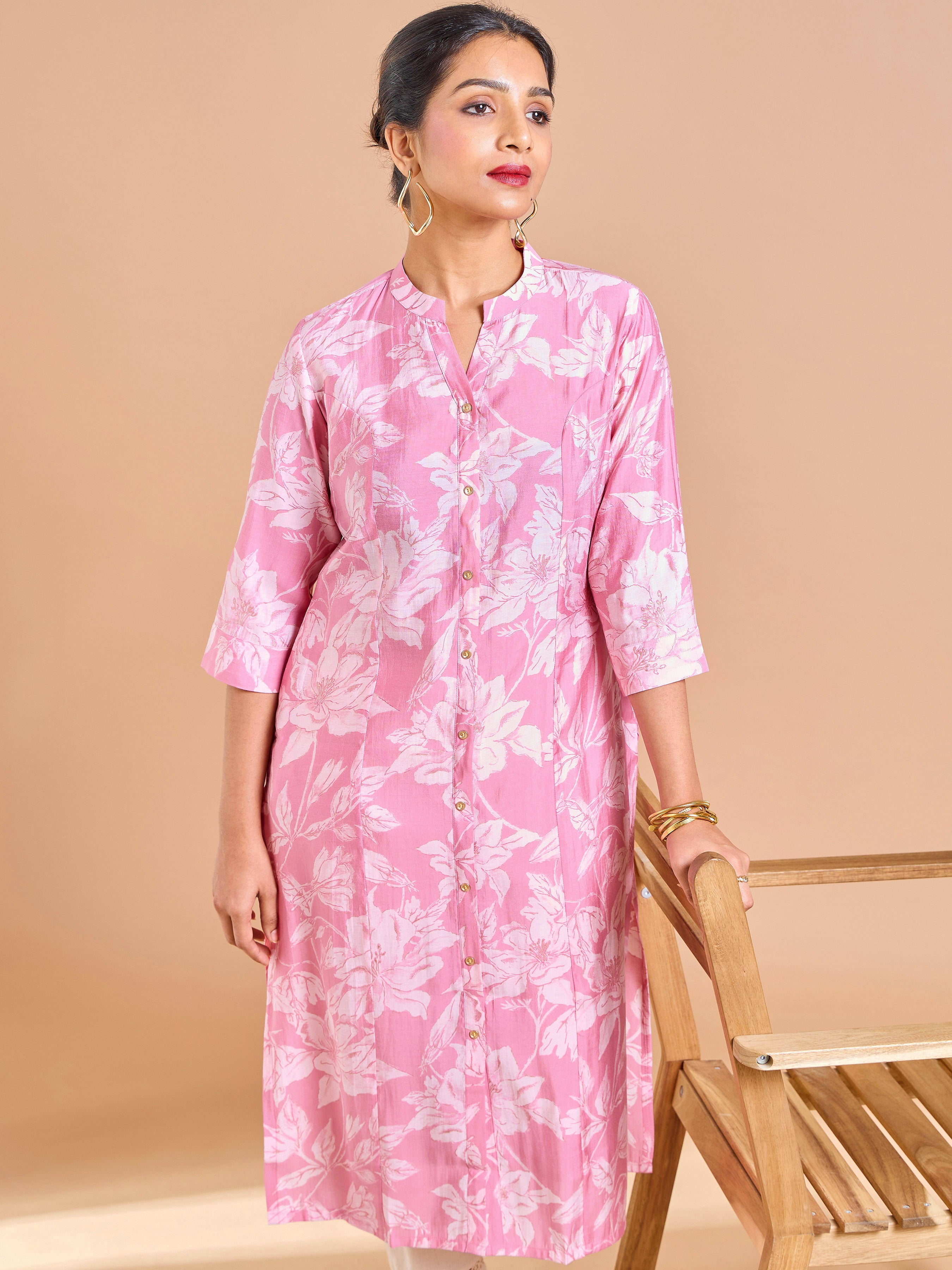 Pink Modal Chanderi Foil Printed Kurti With Princess Cut