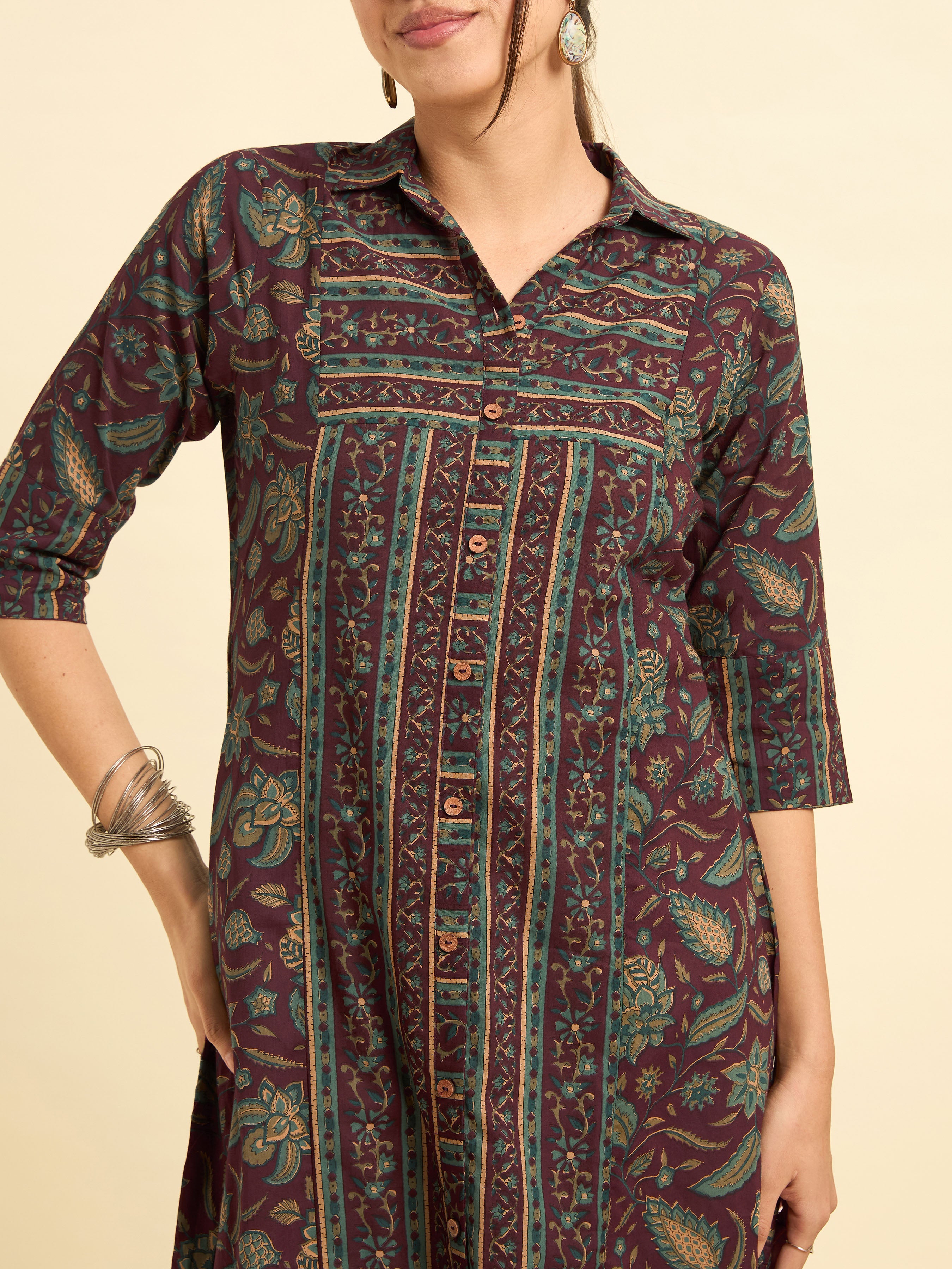 Maroon Multicolour Pure Cotton Flared Printed Kurti With Centre Panel Cut