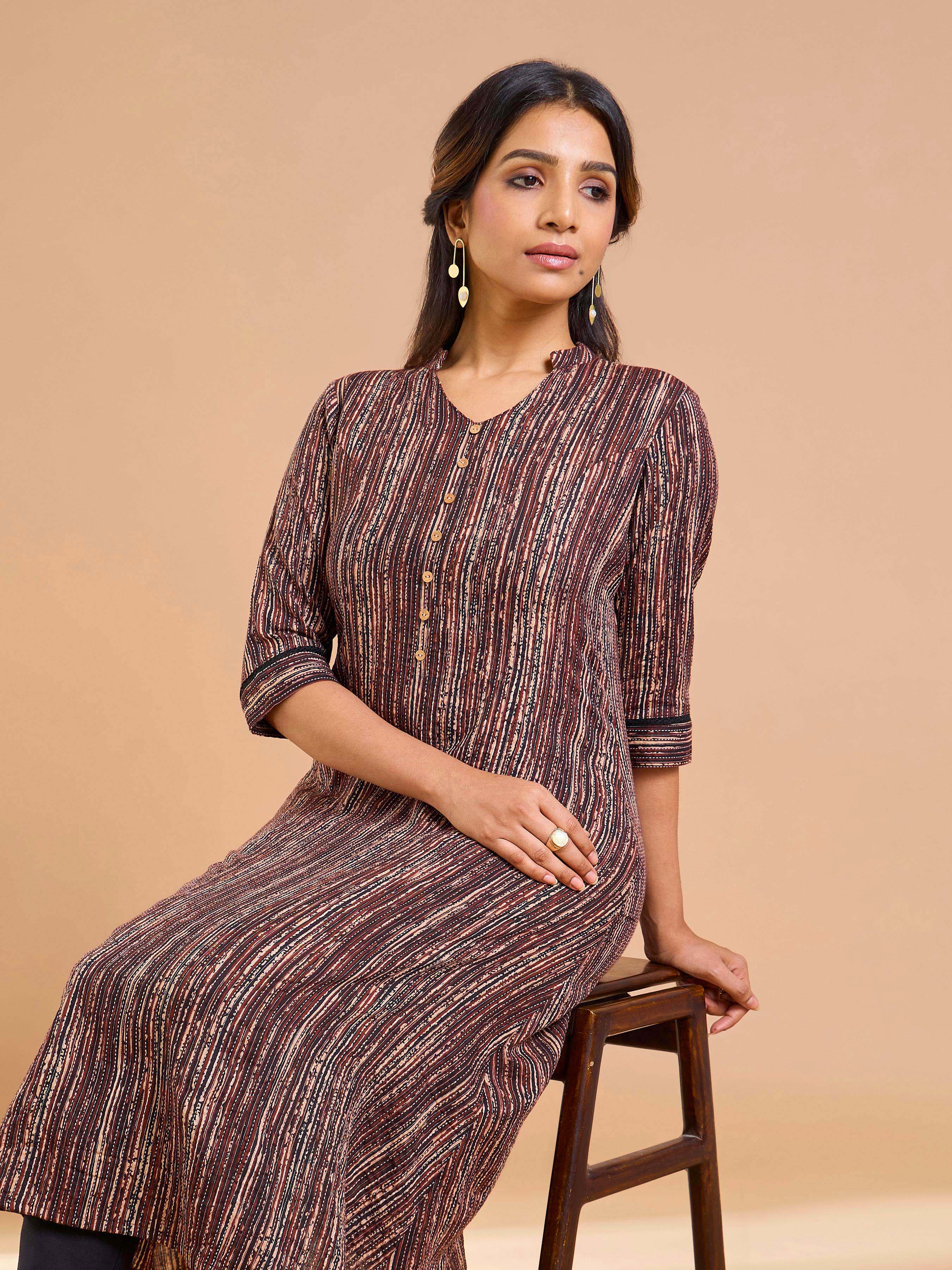 Coffee Brown Pure Cotton Katha Printed Kurti With Princess Cut