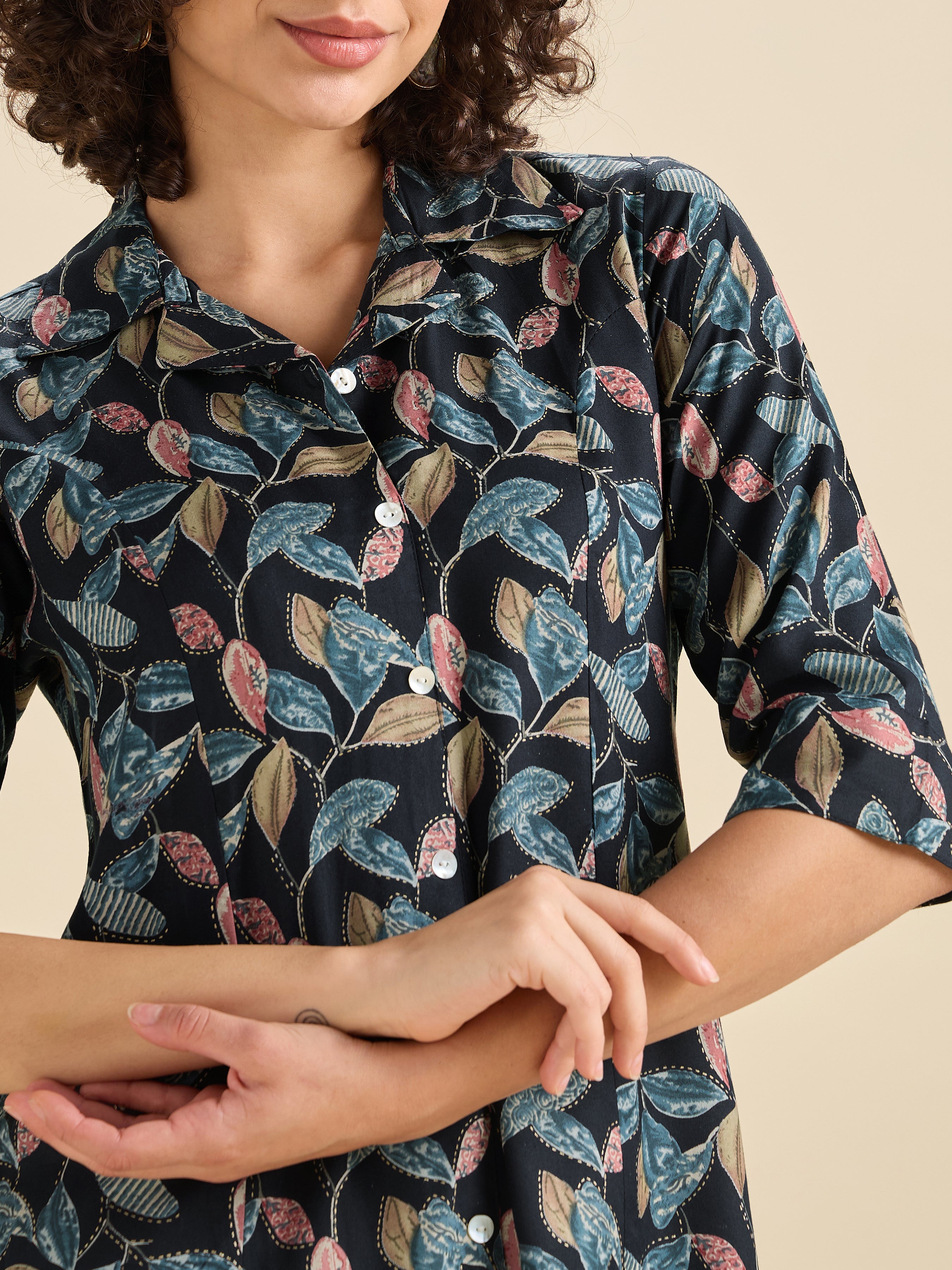 Navy Blue Viscose Printed Kurti With Shirt Collar