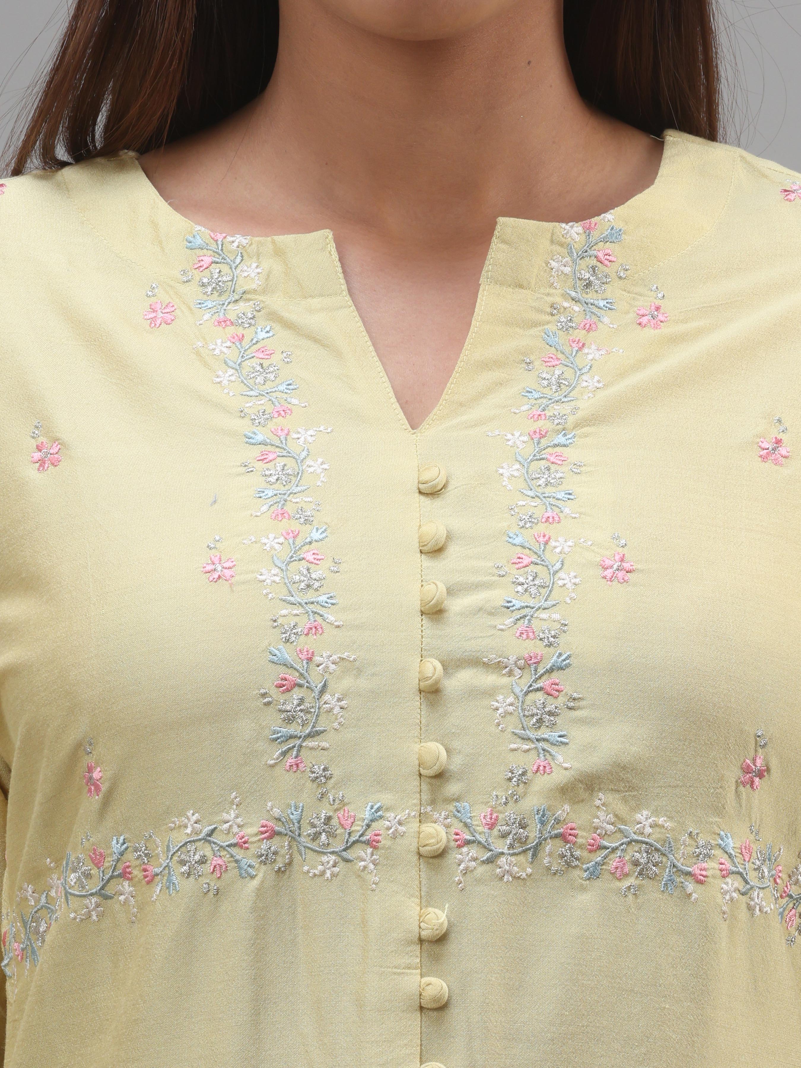 Yellow Poly Viscose Kurti With Embroidery And Matching Bottom