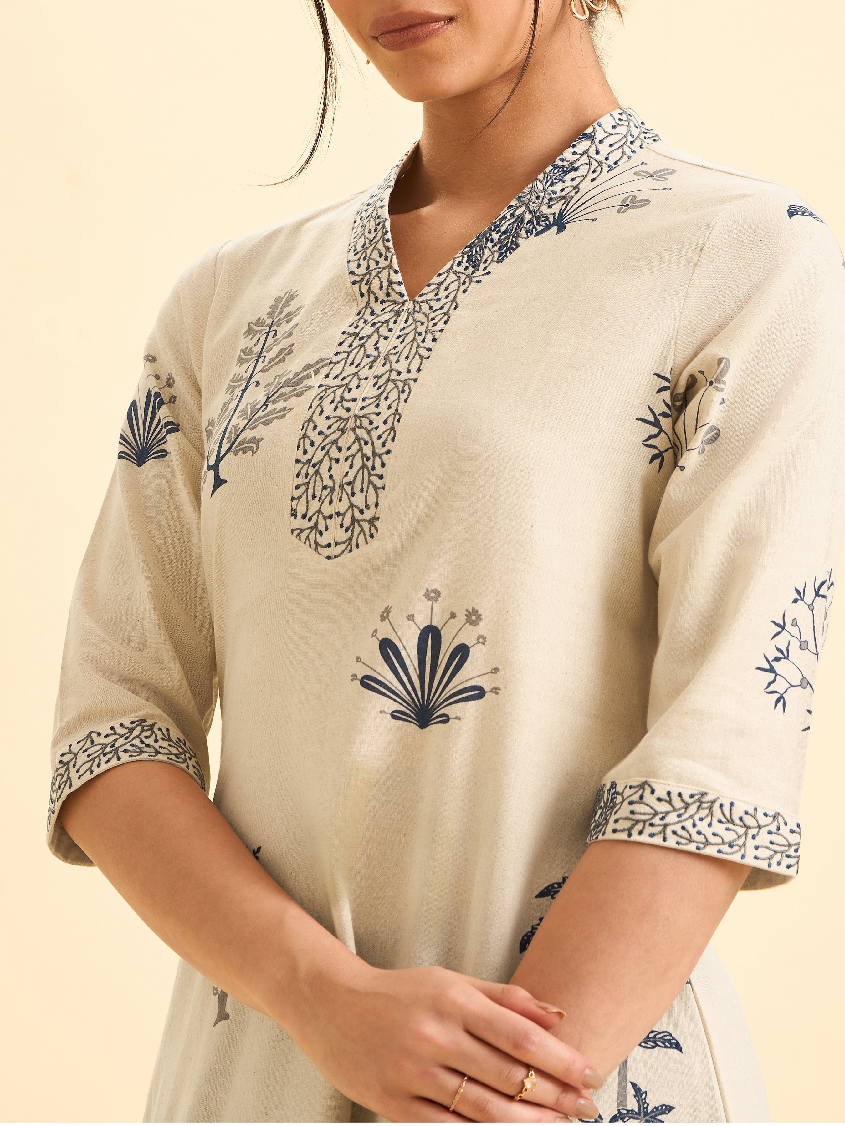 Ivory Cotton Flax Printed Flared Kurti With Embroidery