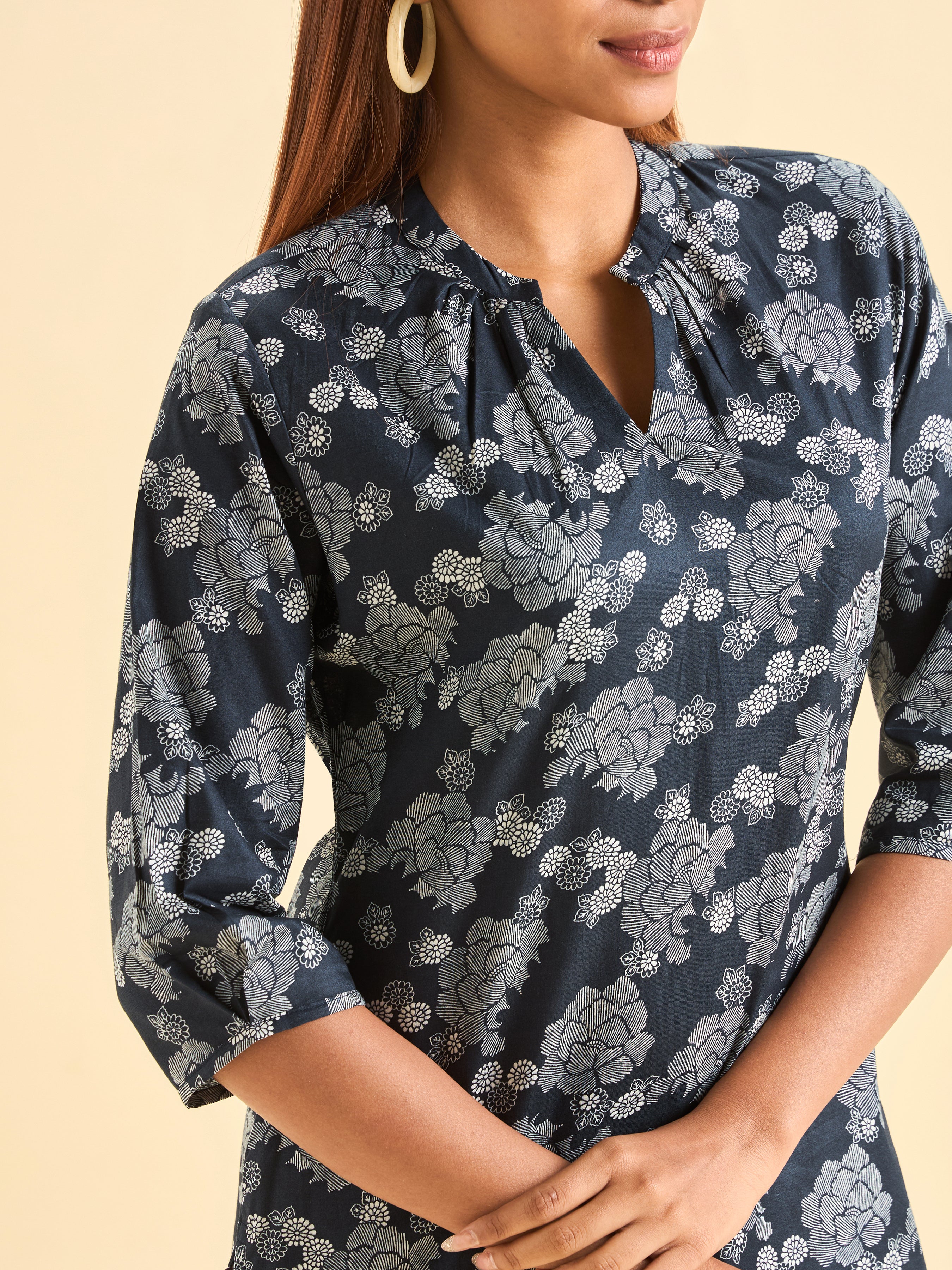Navy Blue And White Pure Cotton Printed Slited Kurti With Gathers