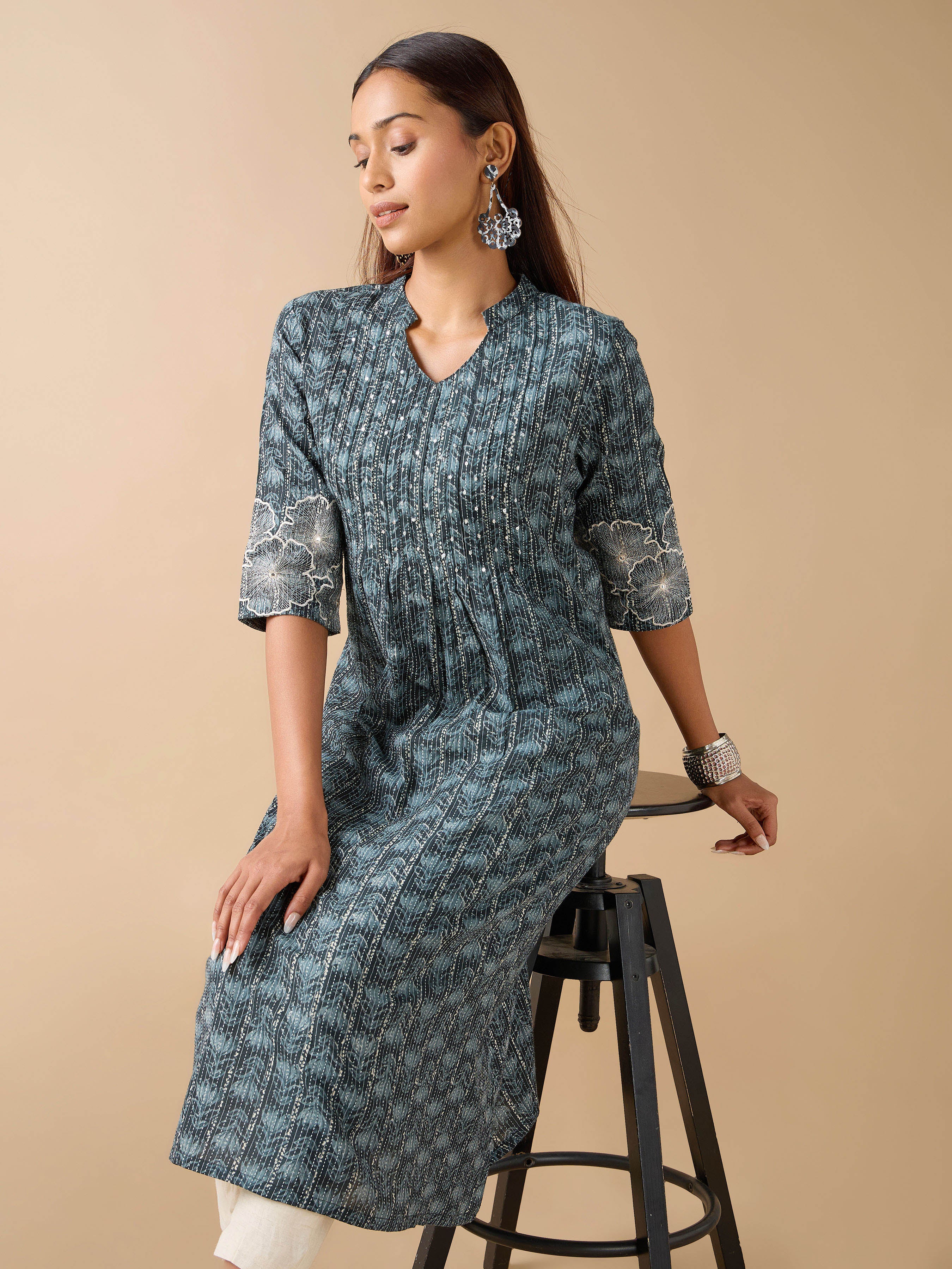 Teal Blue Pure Cotton Printed Kurti With Sequins Work