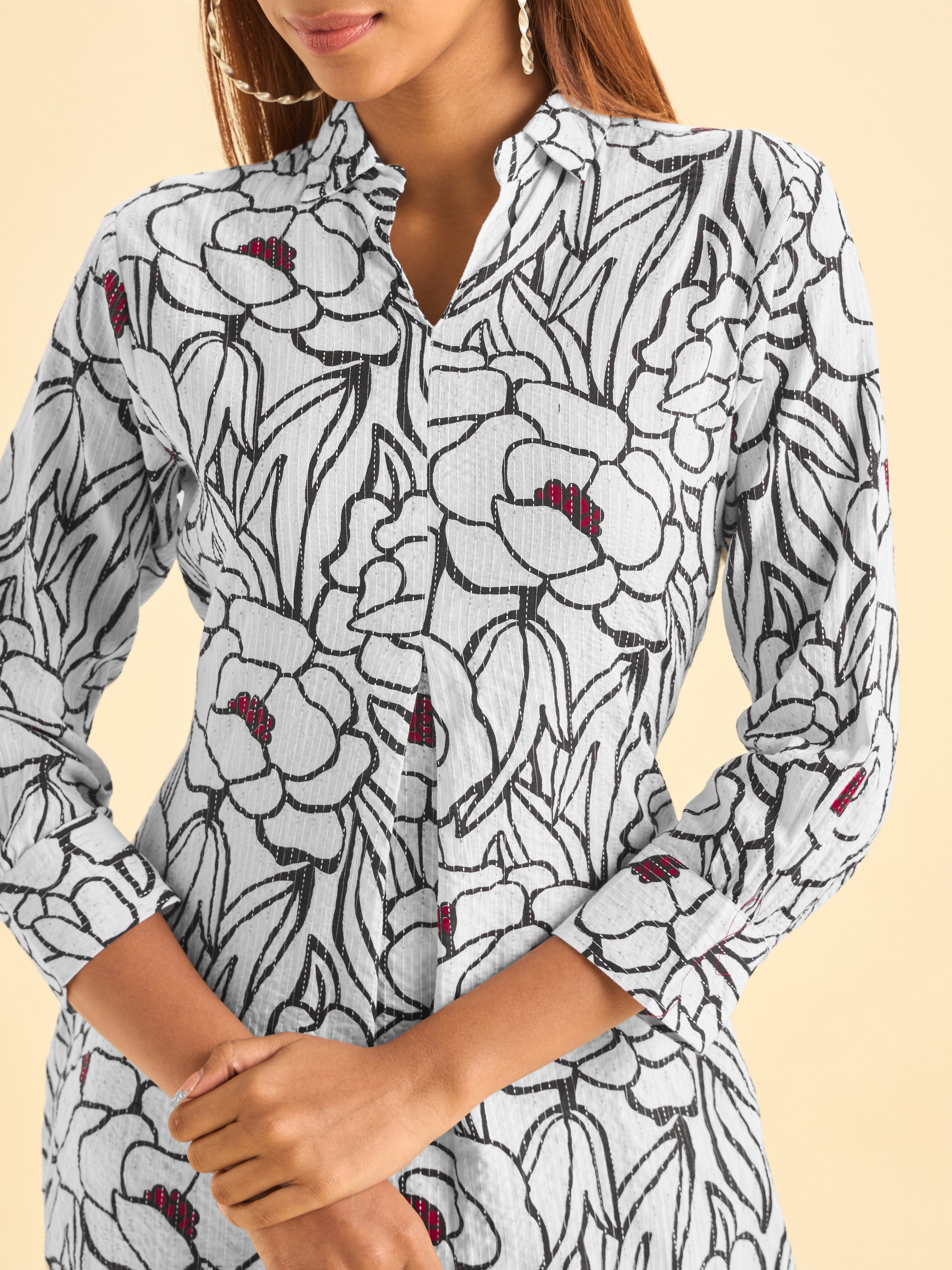 White And Black Pure Cotton Katha Printed Kurti Set With Curved Hem