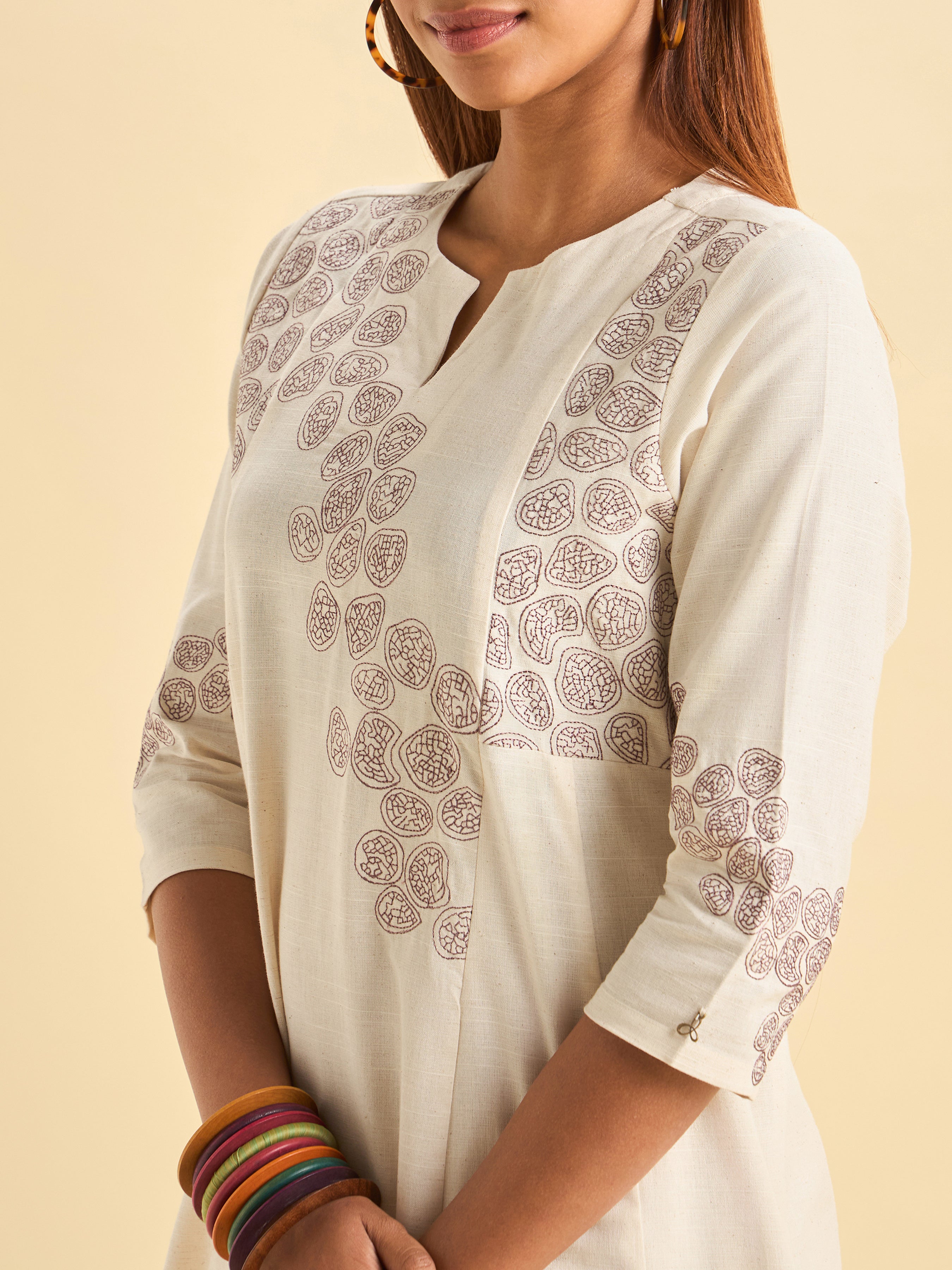 Ivory Cotton Flax Slub Flared Centre Panel Kurti