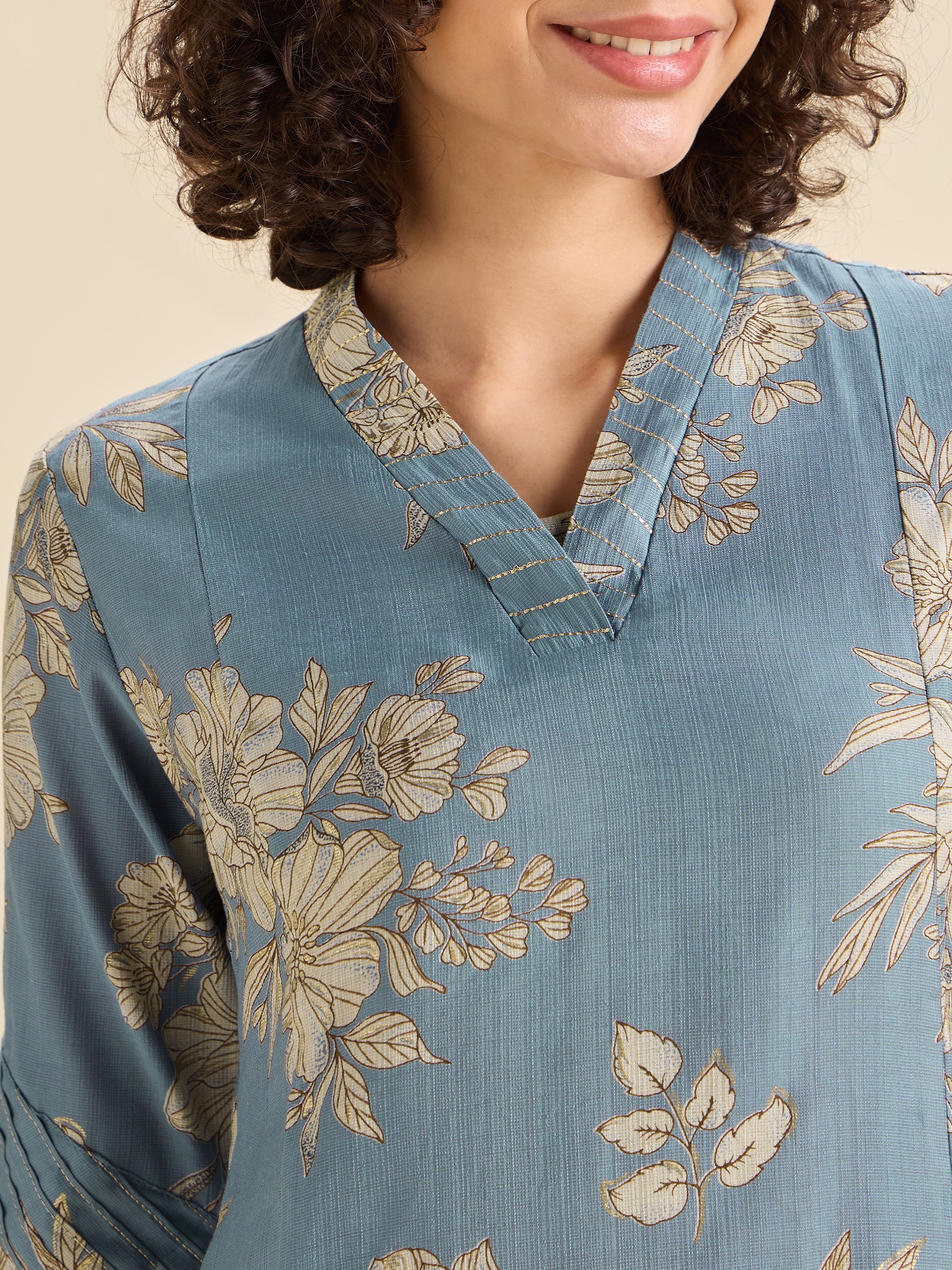 Sky Blue Viscose Blend Printed Kurta With Embroidery