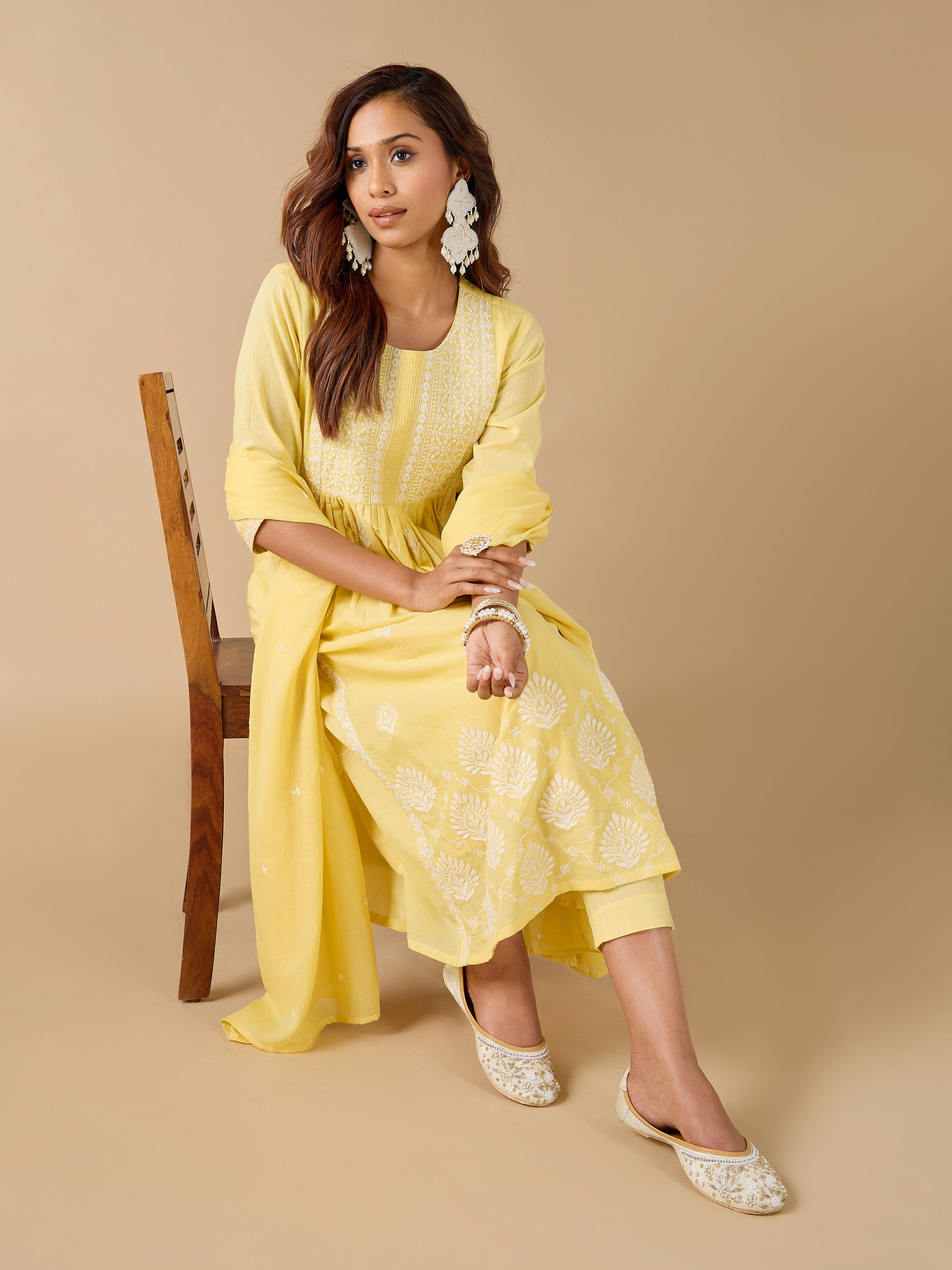 Yellow Pure Cotton Kurti Set & Dupatta With Embroidery