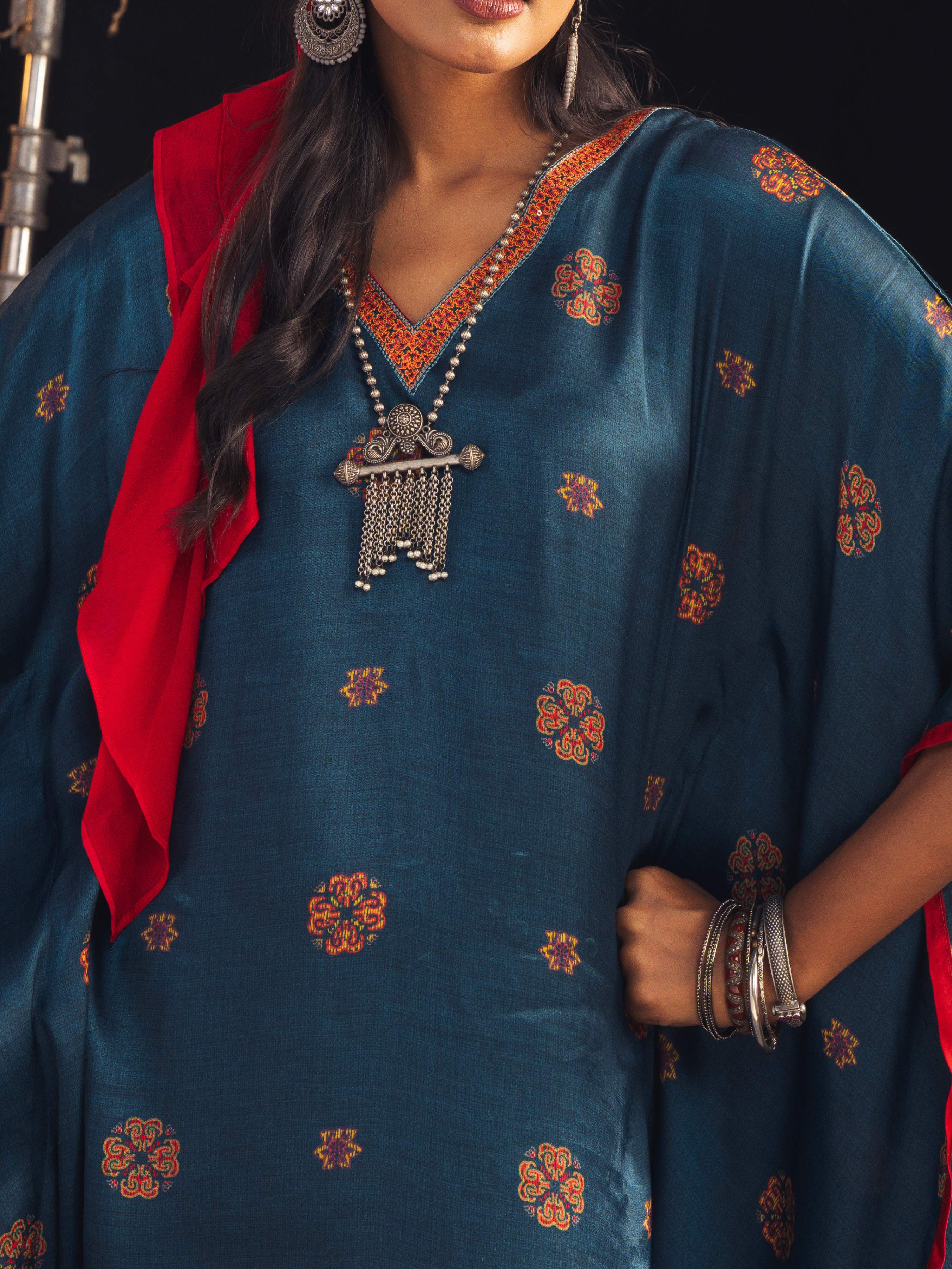 Blue Multi Colour Modal Satin Printed Kaftan With Sequins Embroidery