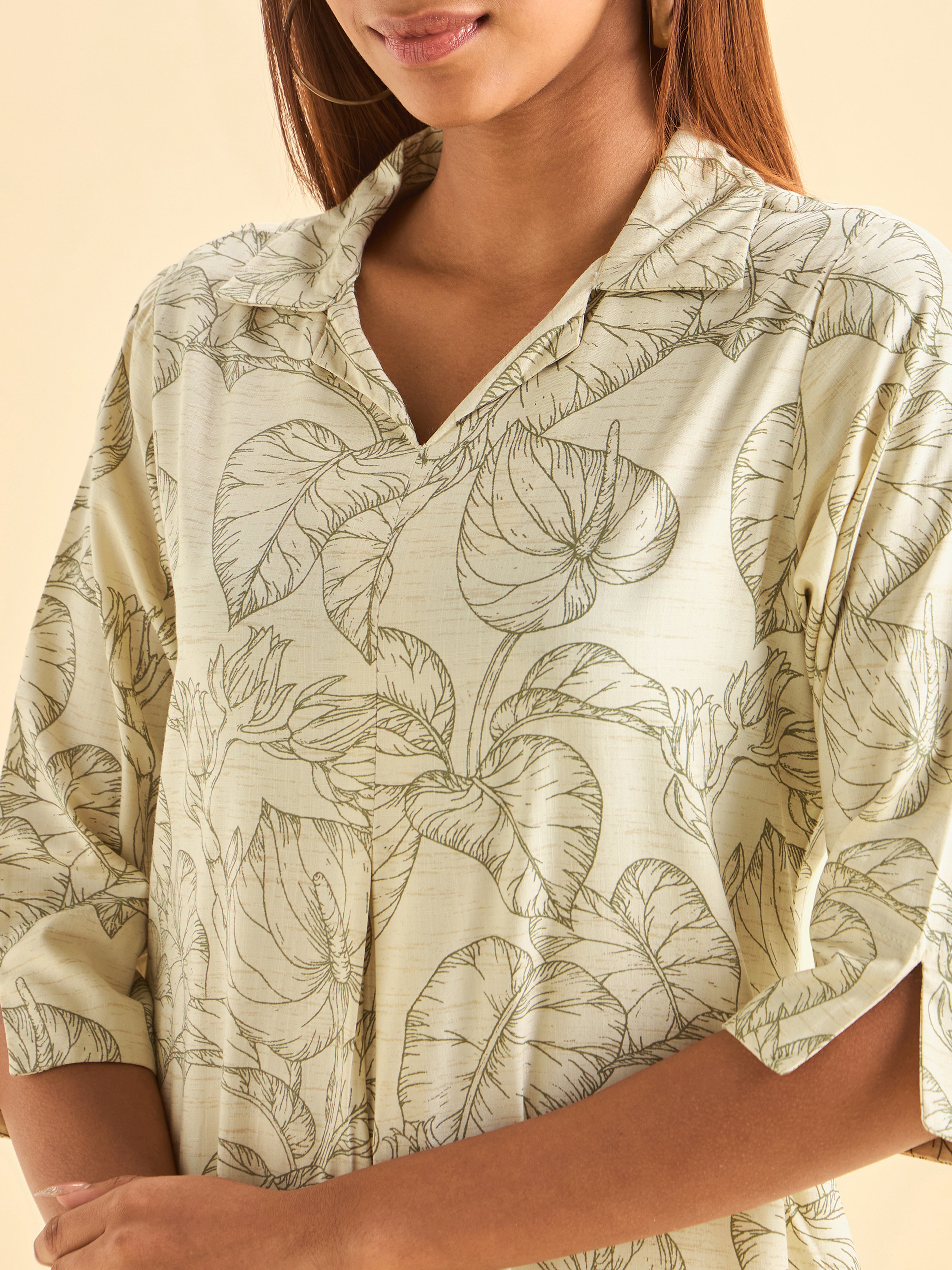 Ivory And Coffee Brown Tencel Printed Slited Kurti With Princess Cut And Libertycut