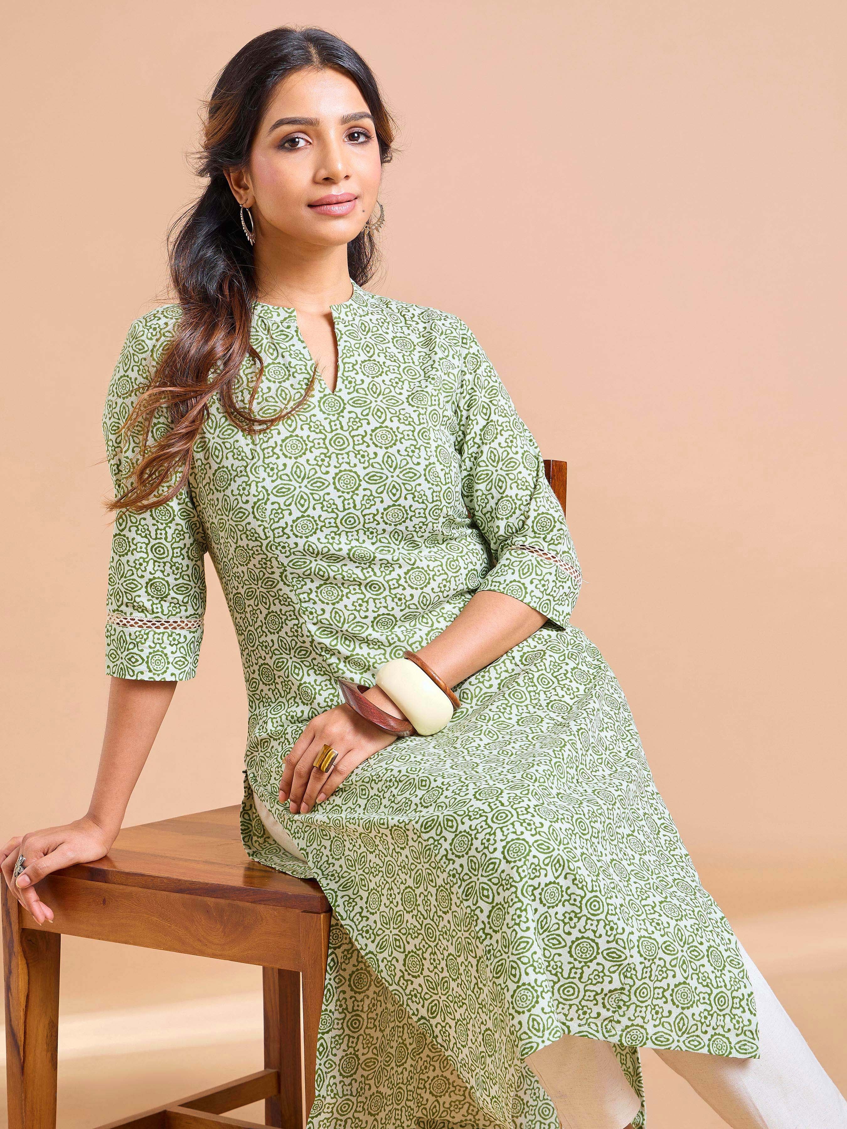 Green Cotton Flax Printed Kurti With Lace