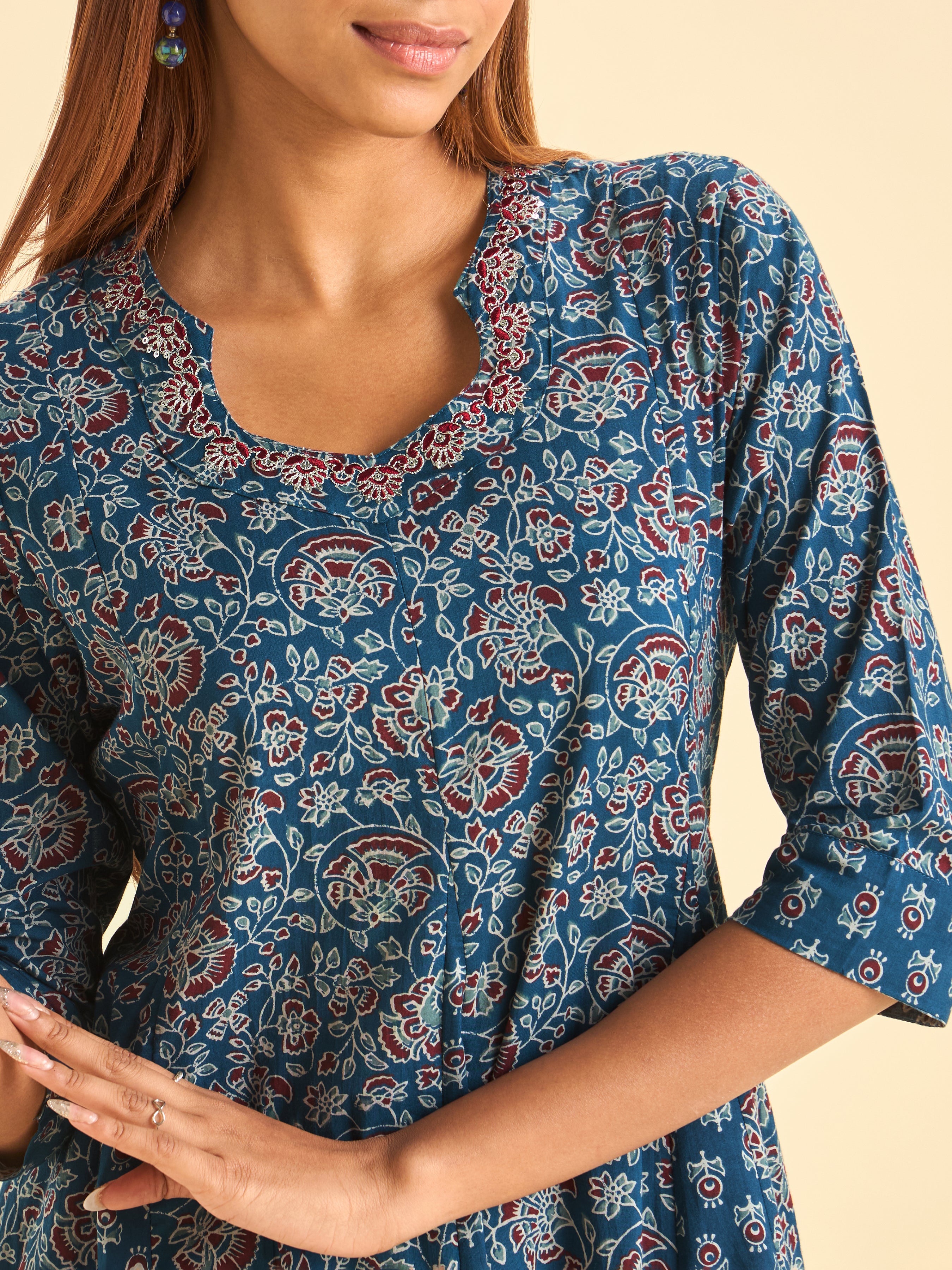 Blue Pure Cotton Printed Flared Kalicut Kurti With Embroidery And Sequence
