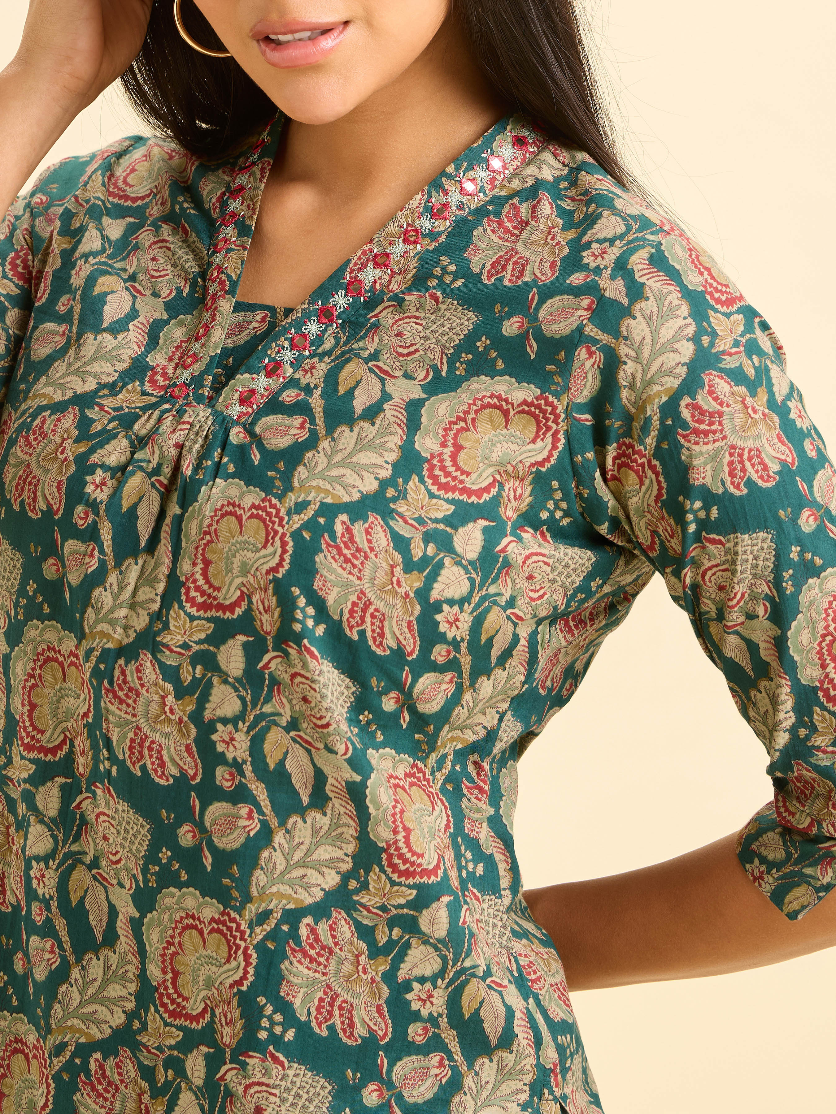 Green Colour Pure Cotton Printed Slited Kurti Set With Embroidery And Mirror Work