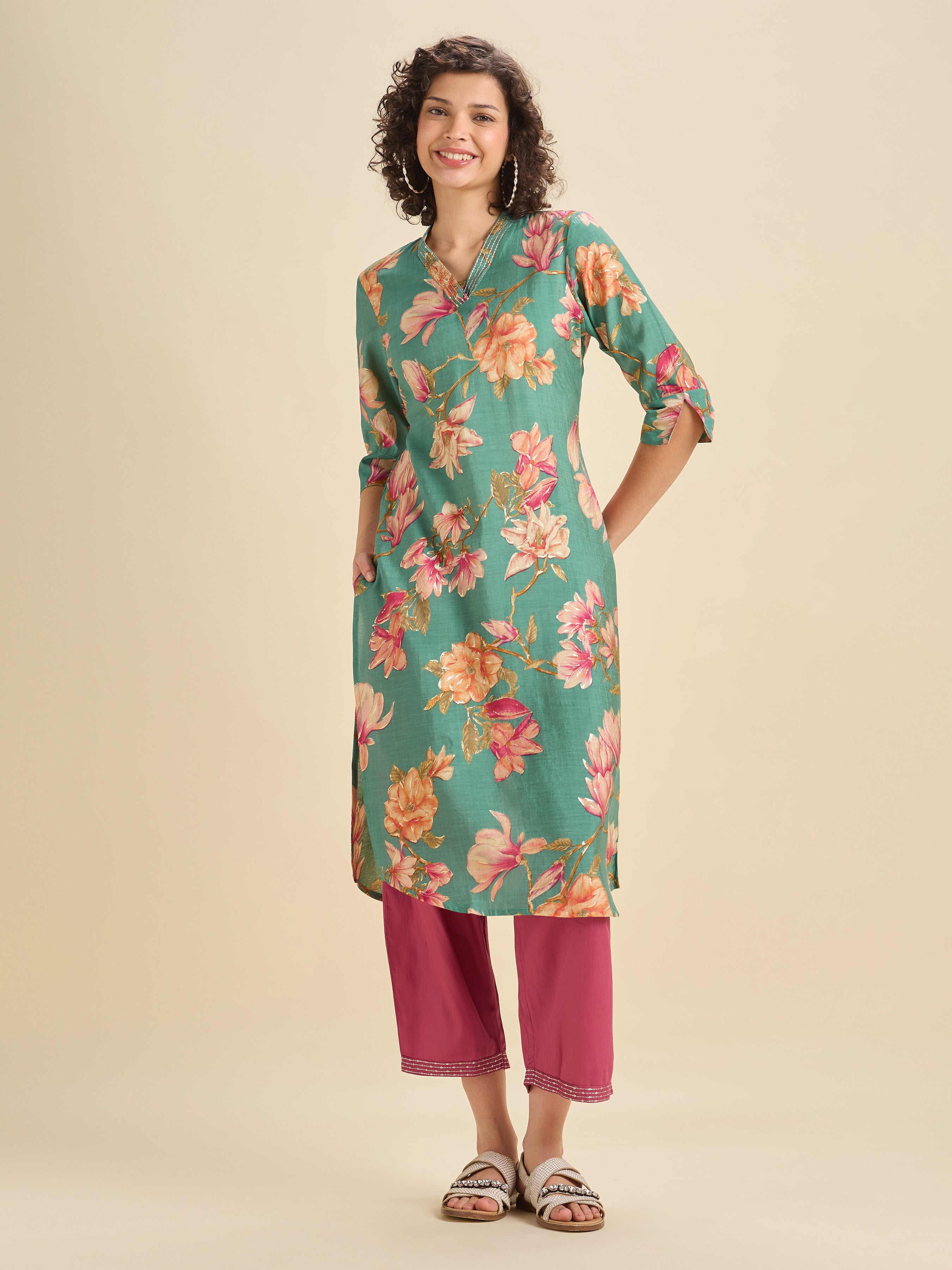 Aqua Blue Modal Chanderi Slited Printed Kurti Set With Embroidery&Liberty Cut