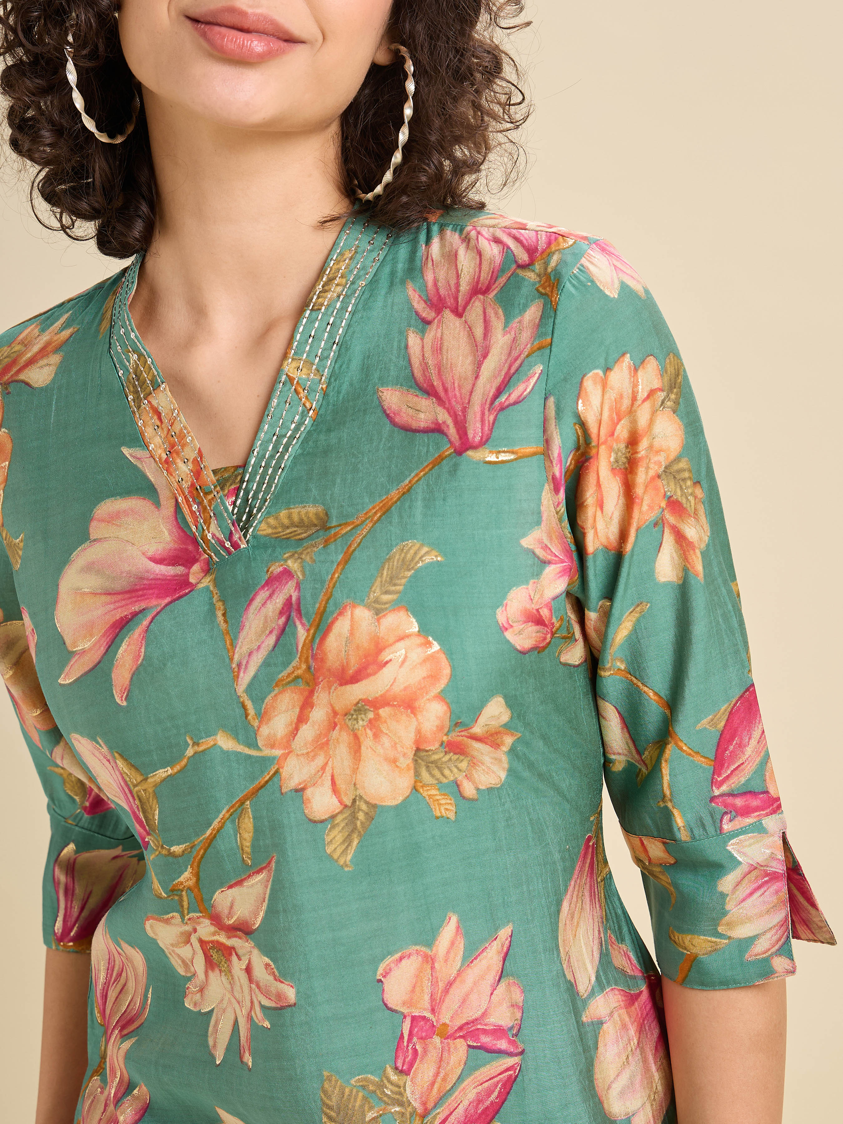 Aqua Blue Modal Chanderi Slited Printed Kurti Set With Embroidery&Liberty Cut